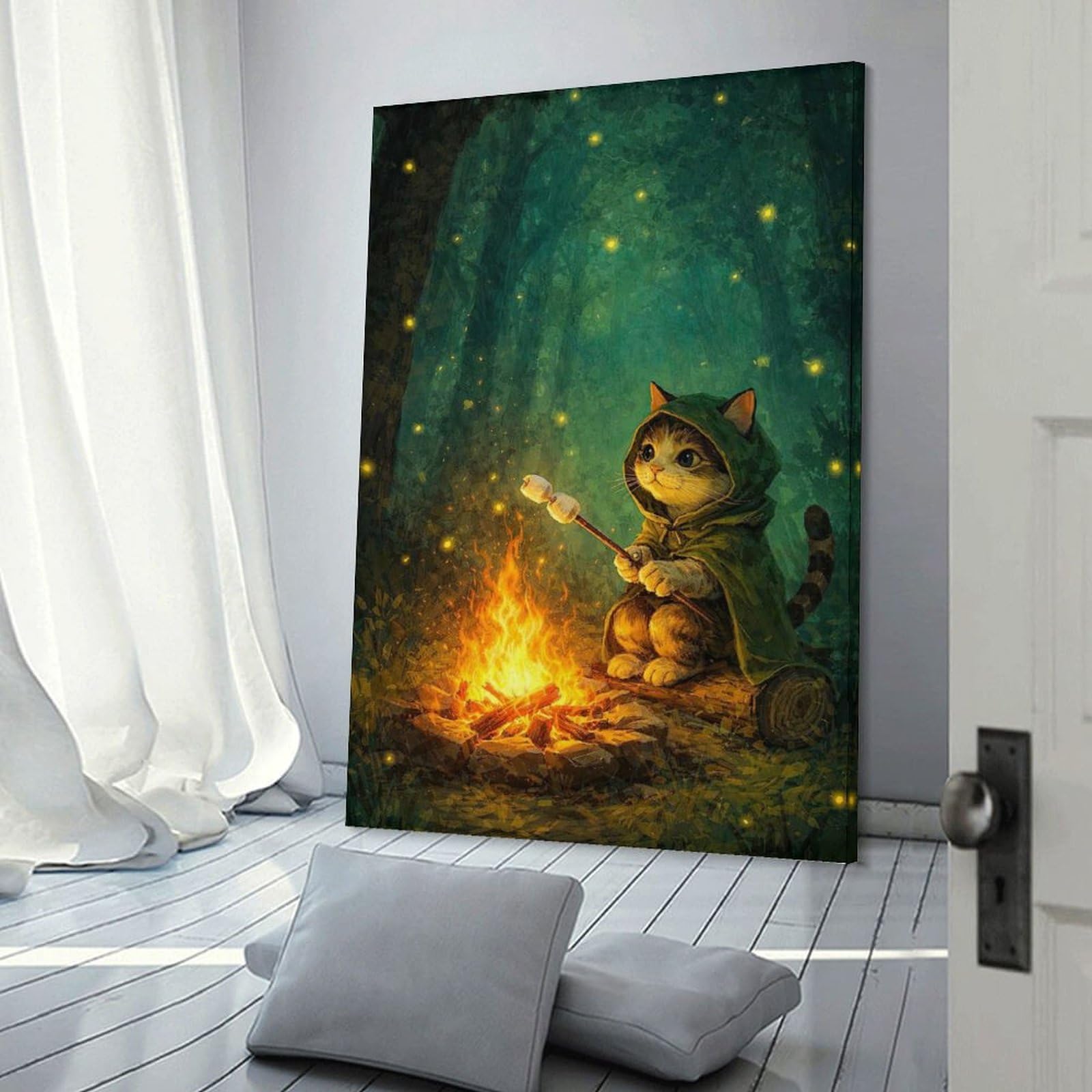Junmoney Decorative Wall Artwork Cat Roasting Marshmallows by Campfire, 24x36inch(60x90cm), for Living Room, Bedroom Or Apartment Walls, Decorative Artwork for Empty Walls