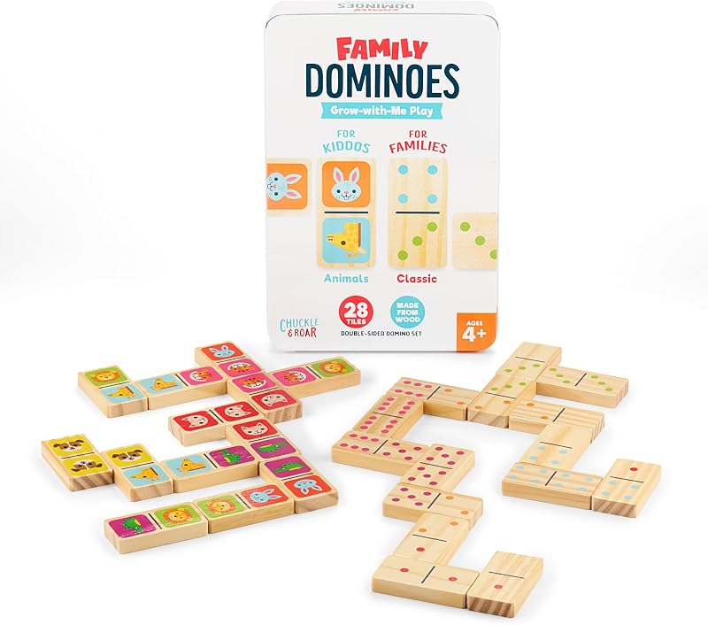 Double-Sided Wooden Dominoes Set | 28-Piece Animal & Classic Pips Matching Game in Metal Storage Tin, Family Game Night Fun for Kids Ages 4+