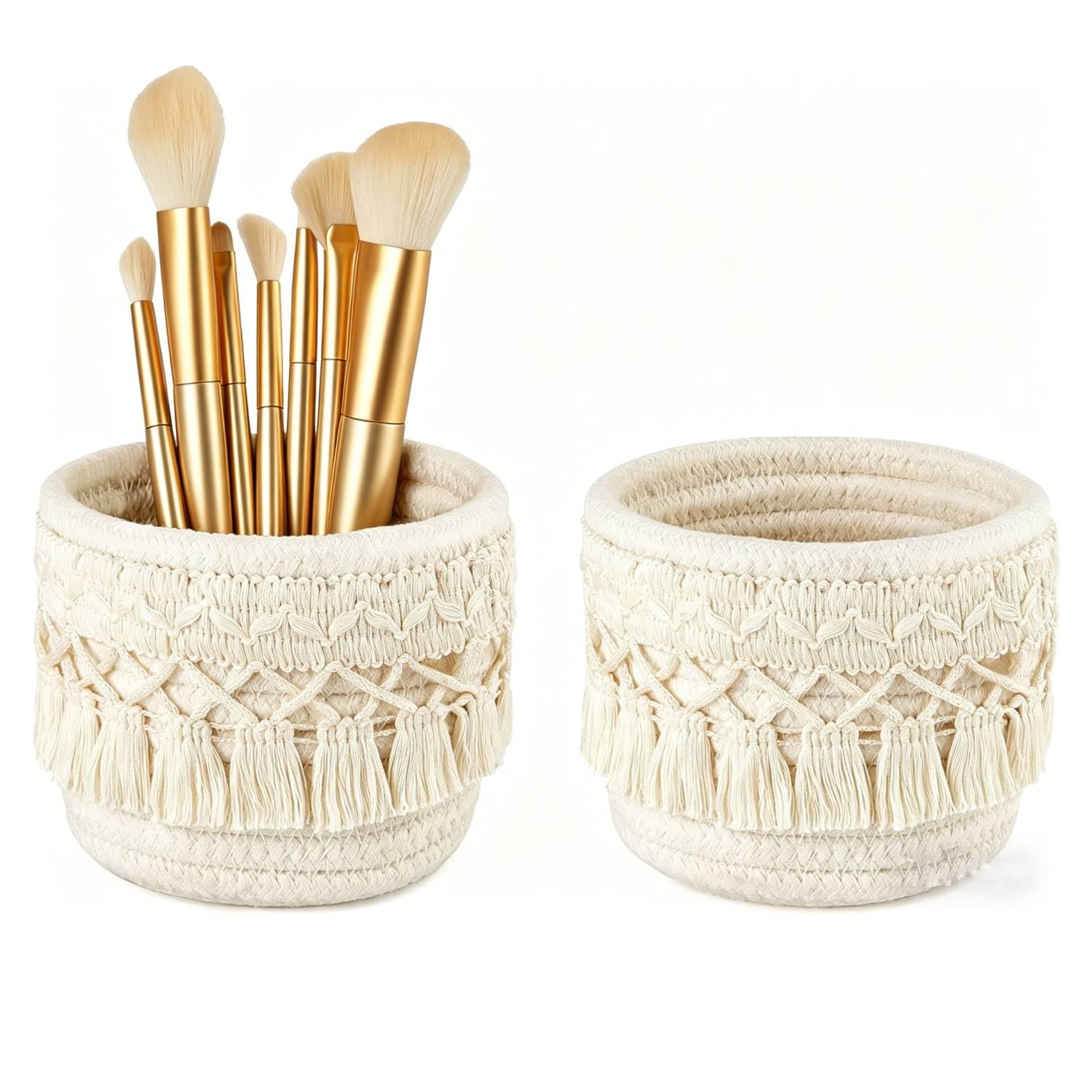 Photo 1 of Generic Macrame Makeup Brush Holder Organizer - 2 Pack Ivory