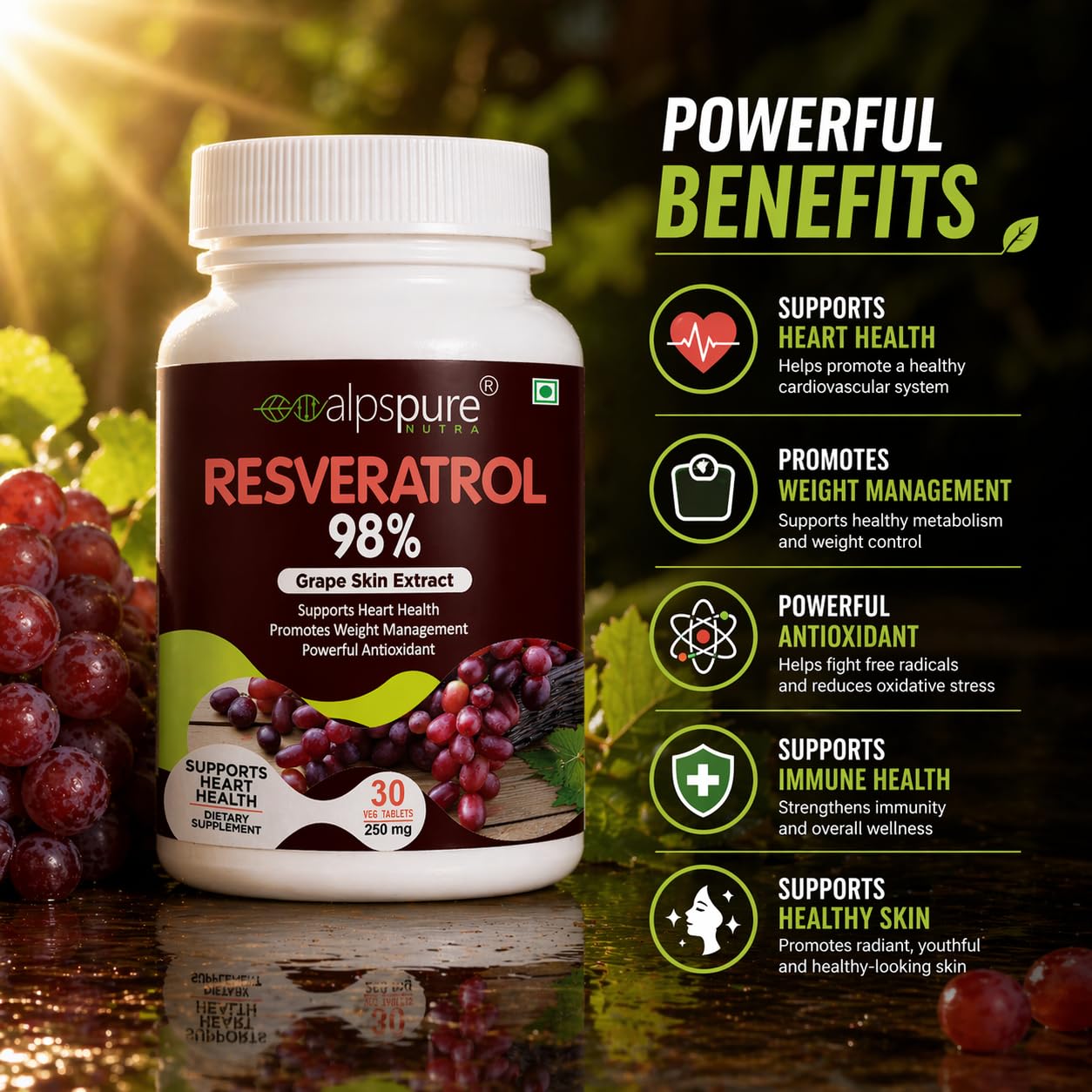 Alpspure Nutra Resveratrol 98% (Grape Skin Extract), 30 Tablets |Supports Heart Health and Weight Management | Powerful Natural Antioxidant | Anti-ageing & Anti-inflammatory | For Men & Women
