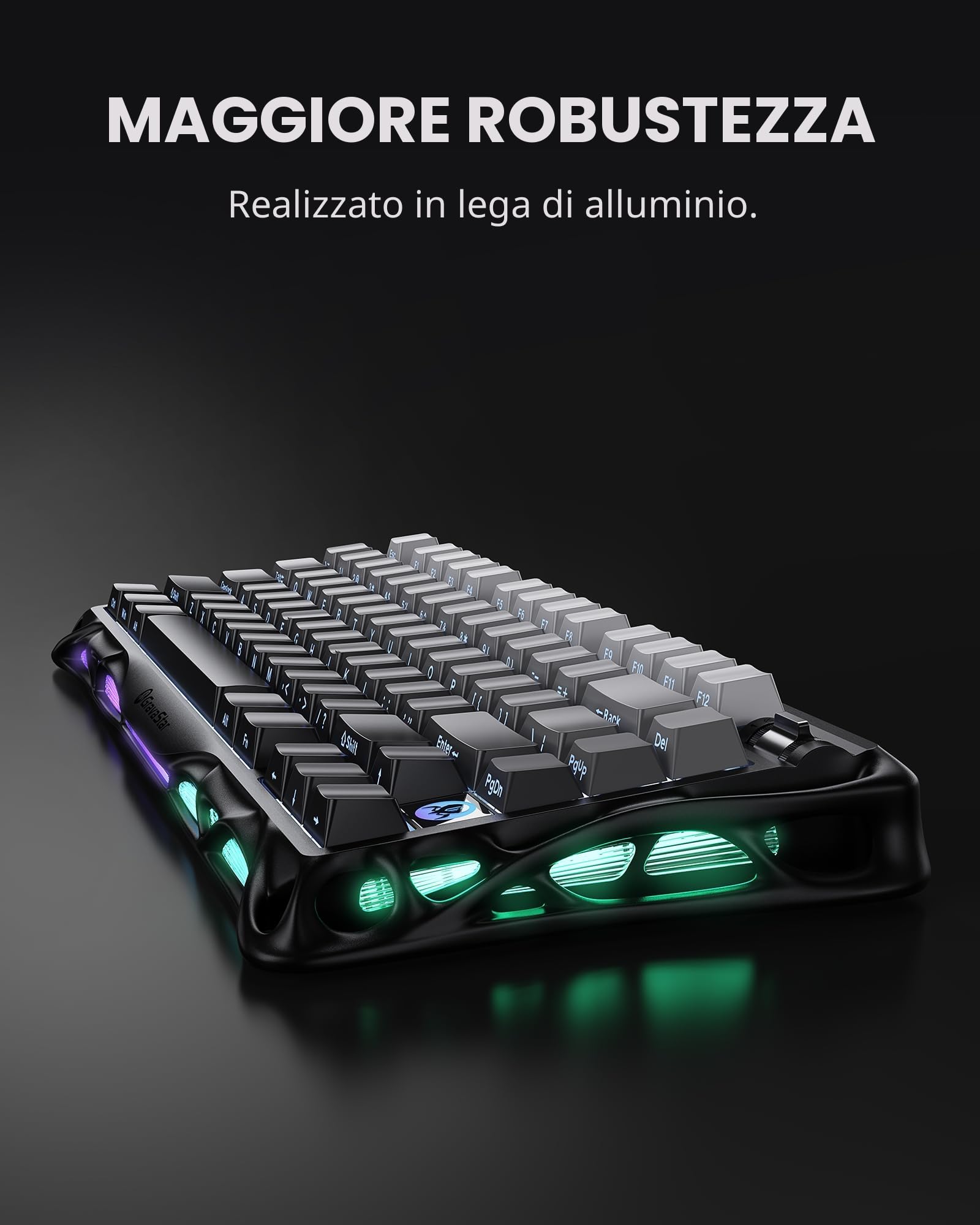 GravaStar per Dad Mercury K1 75% Tastiera da gioco meccanica senza fili, design esoscheletro in lega di alluminio, guarnizione tastiera personalizzata presa hot-swap (Nero sfumato)
