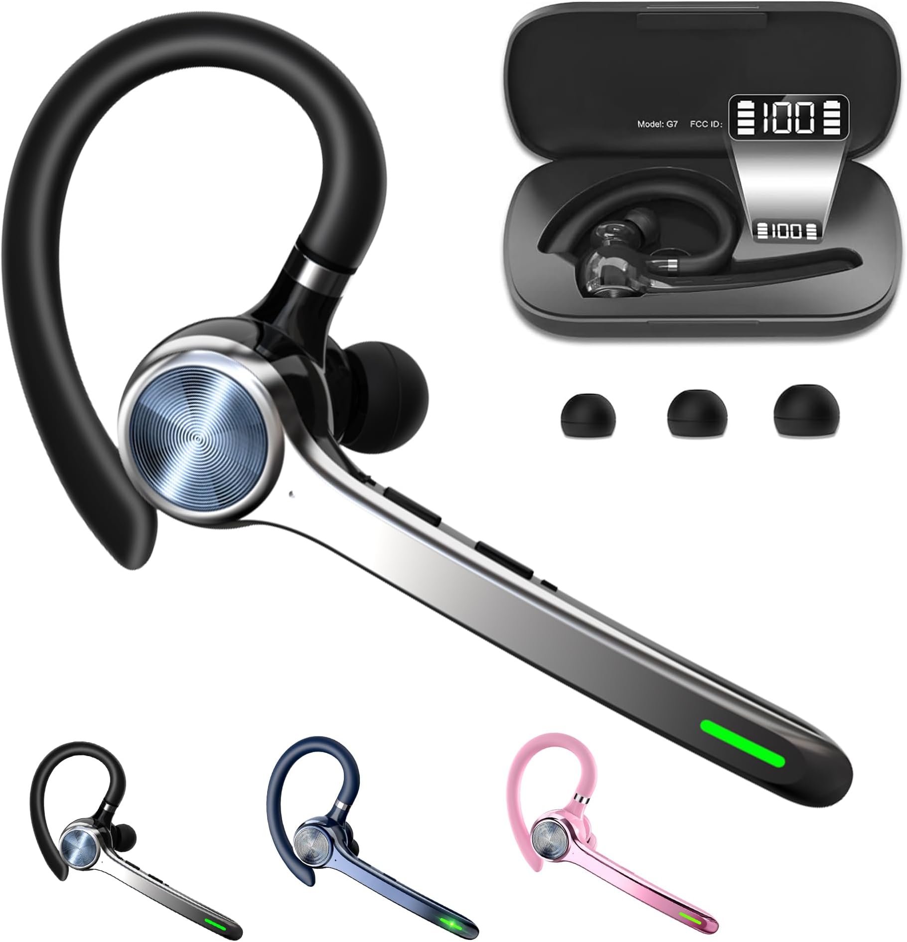 HEIBAS Bluetooth Headset, Wireless Bluetooth Earpiece with 500mAh Charging Case 72 Hours Talking Time Built-in Microphone for iOS Android Cell Phone, V5.1 Hand-Free Headphones for Trucker, Office