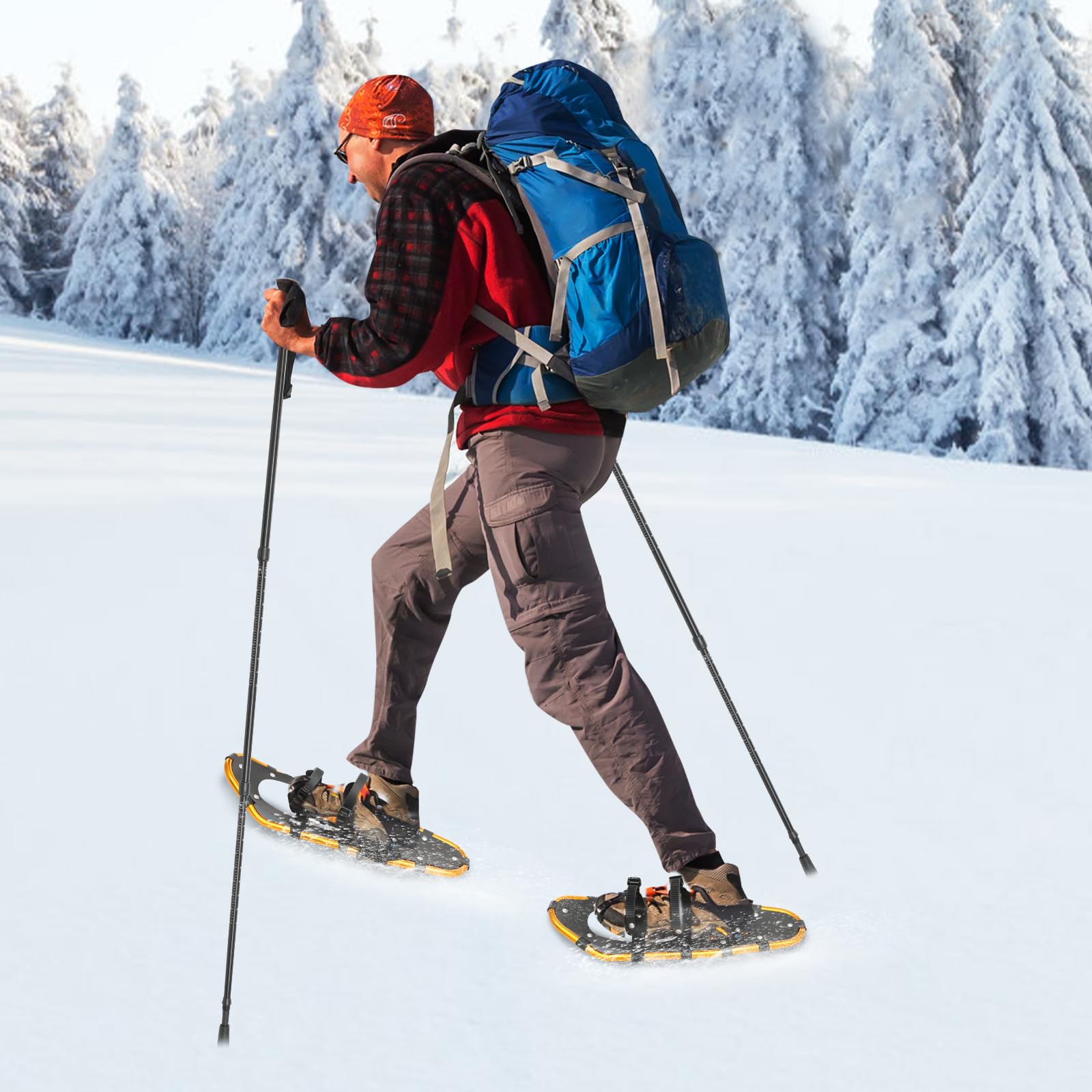 25 Inches Snow Shoes with Black Trekking Poles, Light Weight Snowshoes for Men Women Youth, Adjuatable Snow Squipment Tool for Ski Resorts, Outdoor Skiing Programs (Gold-A)