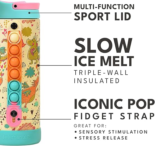 Miniatura 7 de Botella de Agua Icónica Elemental para Niños para la Escuela - Botellas de Agua Aisladas 100% a Prueba de Fugas con Tapa de Popote y Asa Pop-It para