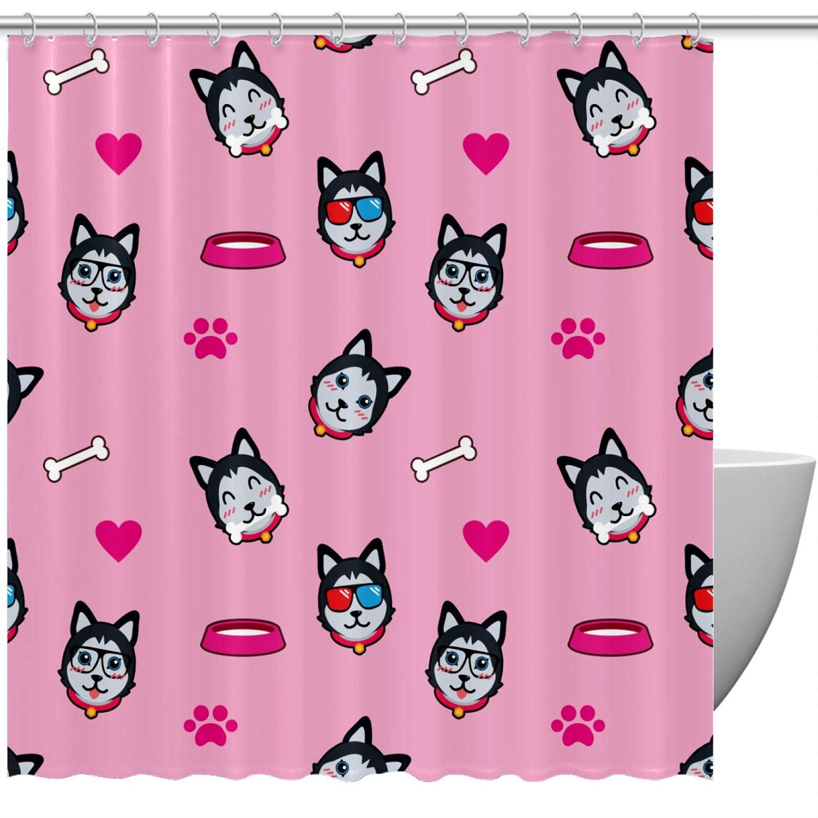 Rideau de douche imperméable motif chien os grand format 183x183