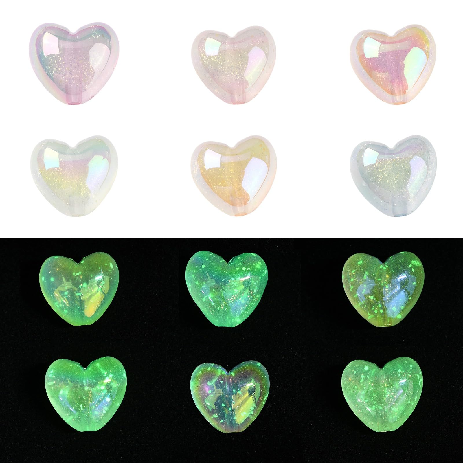 Stiesy 30 Pcs Glitter Heart Beads 6 Color Sparkle Transparent Acrylic UV Starry Night Luminous Fat Heart Straight Hole Beads for Romantic Jewelry Making Wedding DIY Crafts Anniversary Presents