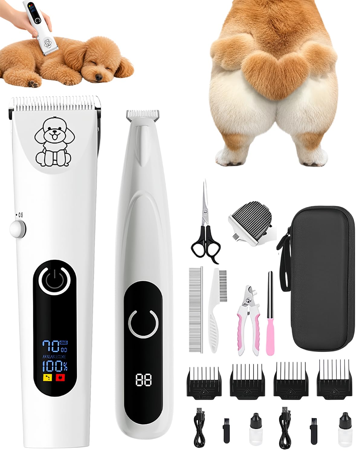 Moravon Dog Clipper, Dog Clippers Professional for Thick Hair, 2-In-1 C.ordless Pet Hair Trimmer with Digital Display, Low Noise Washable Grooming Kit with Multiple Pet Grooming Tools for Dogs and Cat
