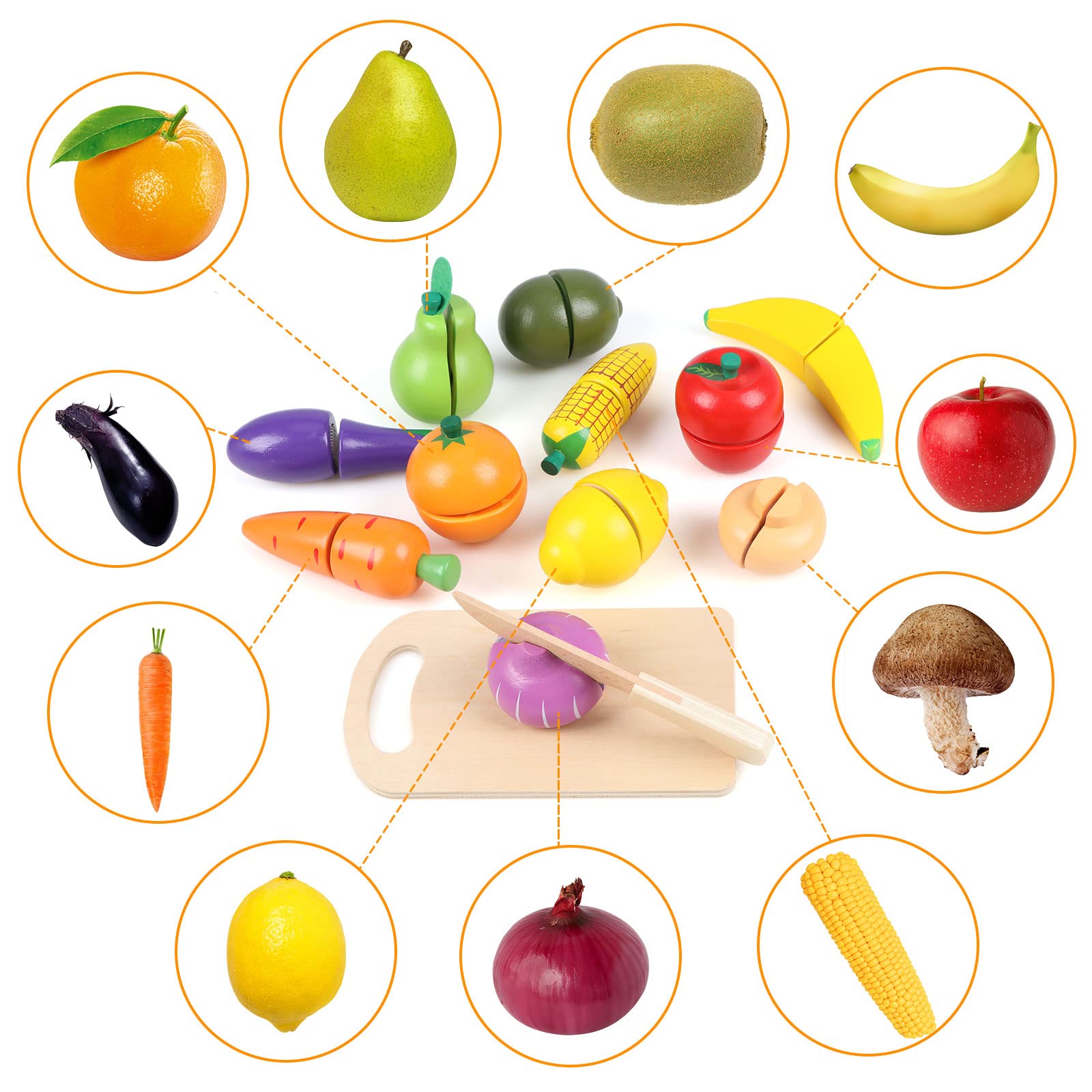 Grande Set Giocattolo In Legno Di Frutta E Verdura Con Vassoi E Coltello Da Taglio - Cibo Finto Per Bambini, Sicuro E Atossico