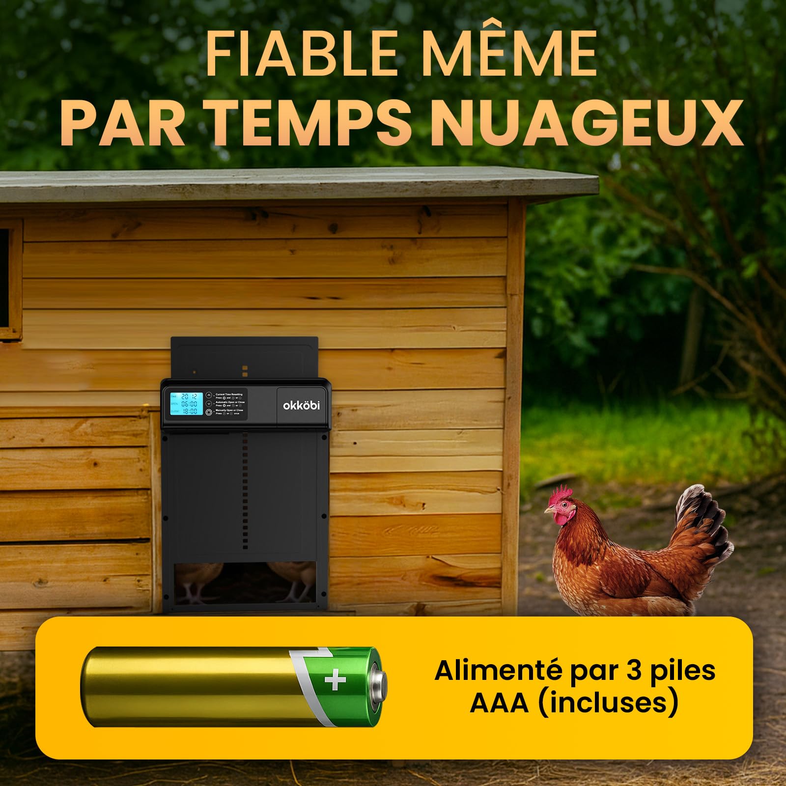 Lite Porte Automatique de Poulailler - À Piles - Écran LCD | Anti-Pincement pour la Sécurité, Résiste de -15 à 60 Degrés Celsius, Compatible avec Canards et Oies - Noir
