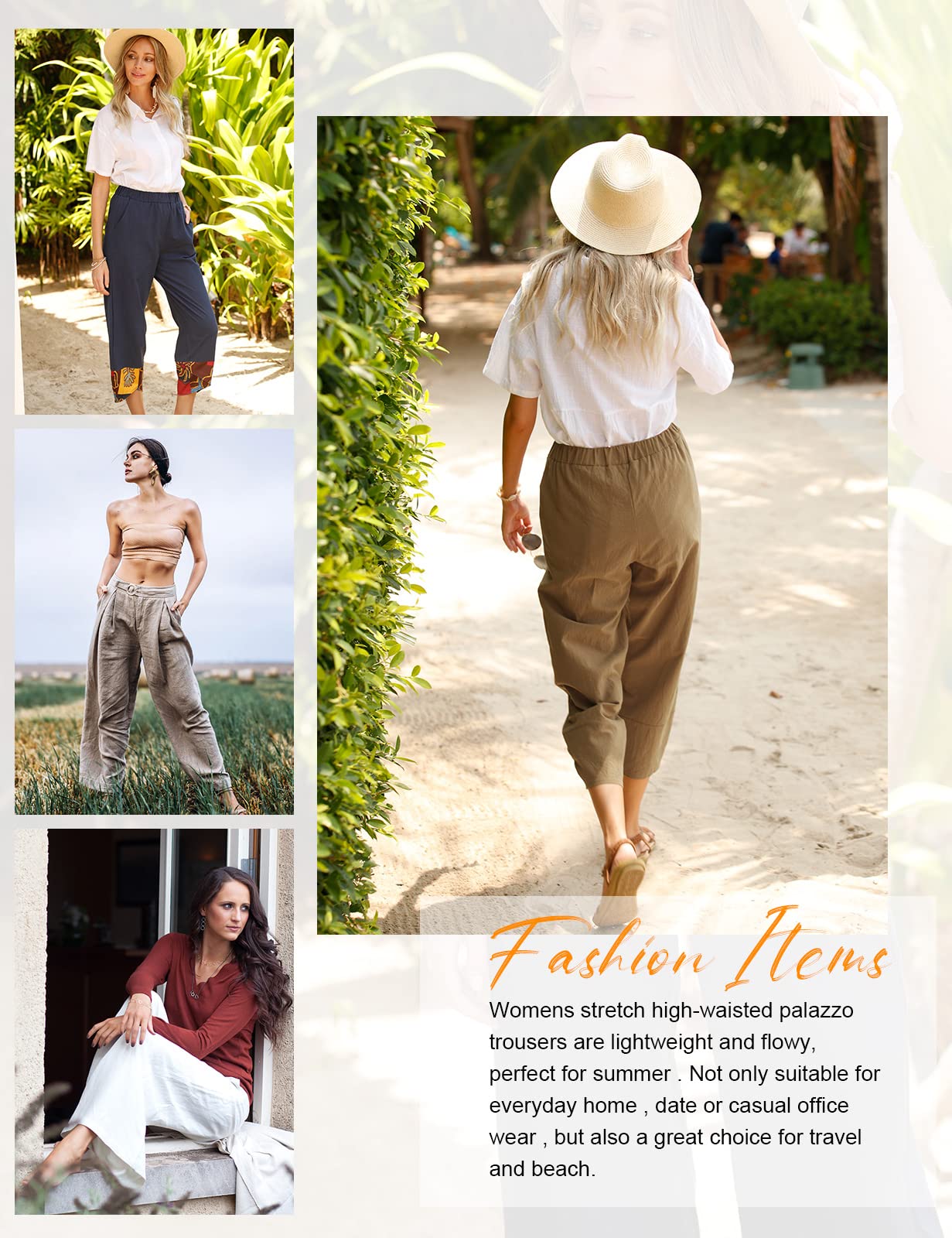Heekpek Pantalon Fluide Femme Décontracté Large en Coton - Élastiquée Taille avec Poches, 7/8 Pantacourt Été Léger pour la Plage