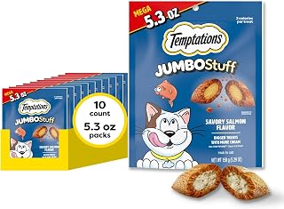 Temptations Jumbo Stuff Crunchy & Soft Cat Treats, Salmon, 5.3 oz, 10 Pack | Crunchy outside, soft inside, under 2 calories per treat, resealable stay-fresh pouches, 100% complete & balanced