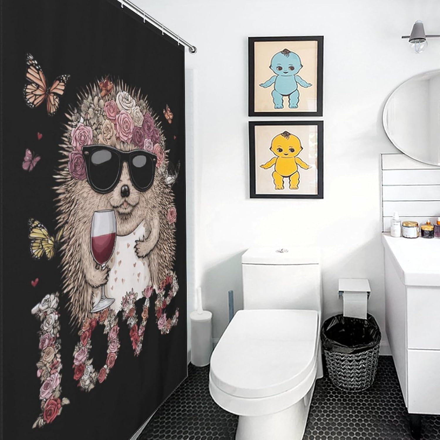 Funny Hedgehog Love Wine Shower Curtain 46.85x70.87Inch（119x180cm） Polyester Bath Curtain Shower Curtains Printed Decorative