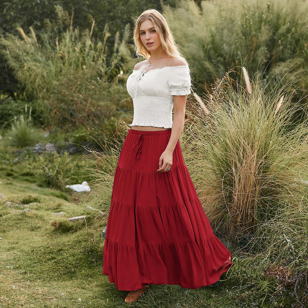 SCARLET DARKNESS Jupe longue bohème fluide pour femme avec taille élastique et cordon de serrage - Jupe trapèze à volants avec poches