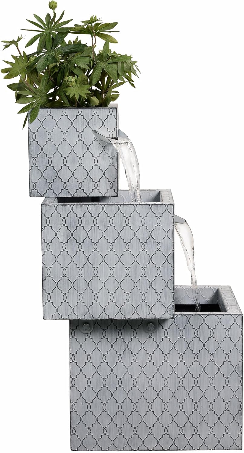 Rectangle 3 Tier Metal Fountain with Planter and LED Lights - Outdoor