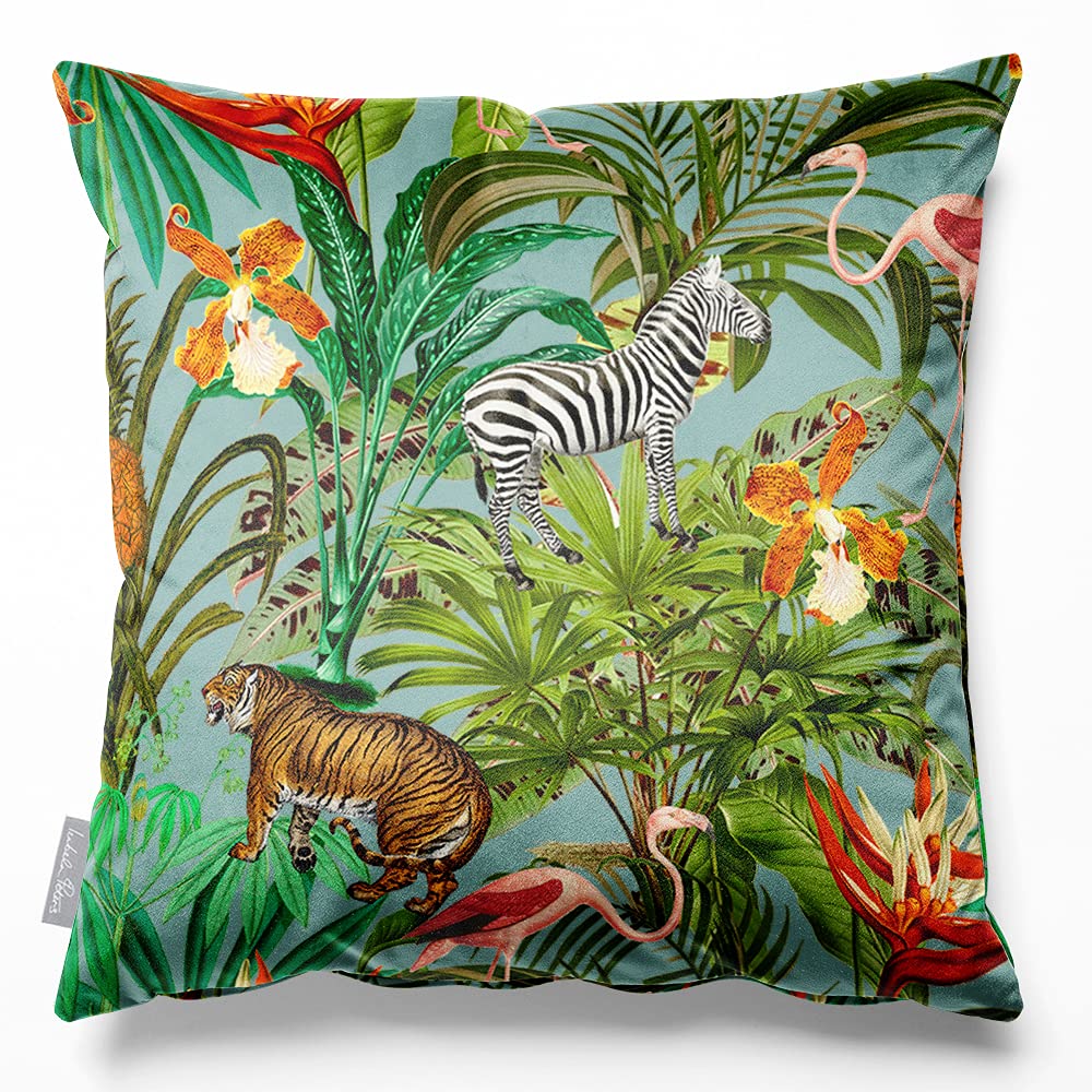 Izabela Peters Blue Surf Filled Cushion With Cover, Eco-Friendly Velvet, 45 Cm, Jungle Fusion - For Chair, Sofa, Seat, Large