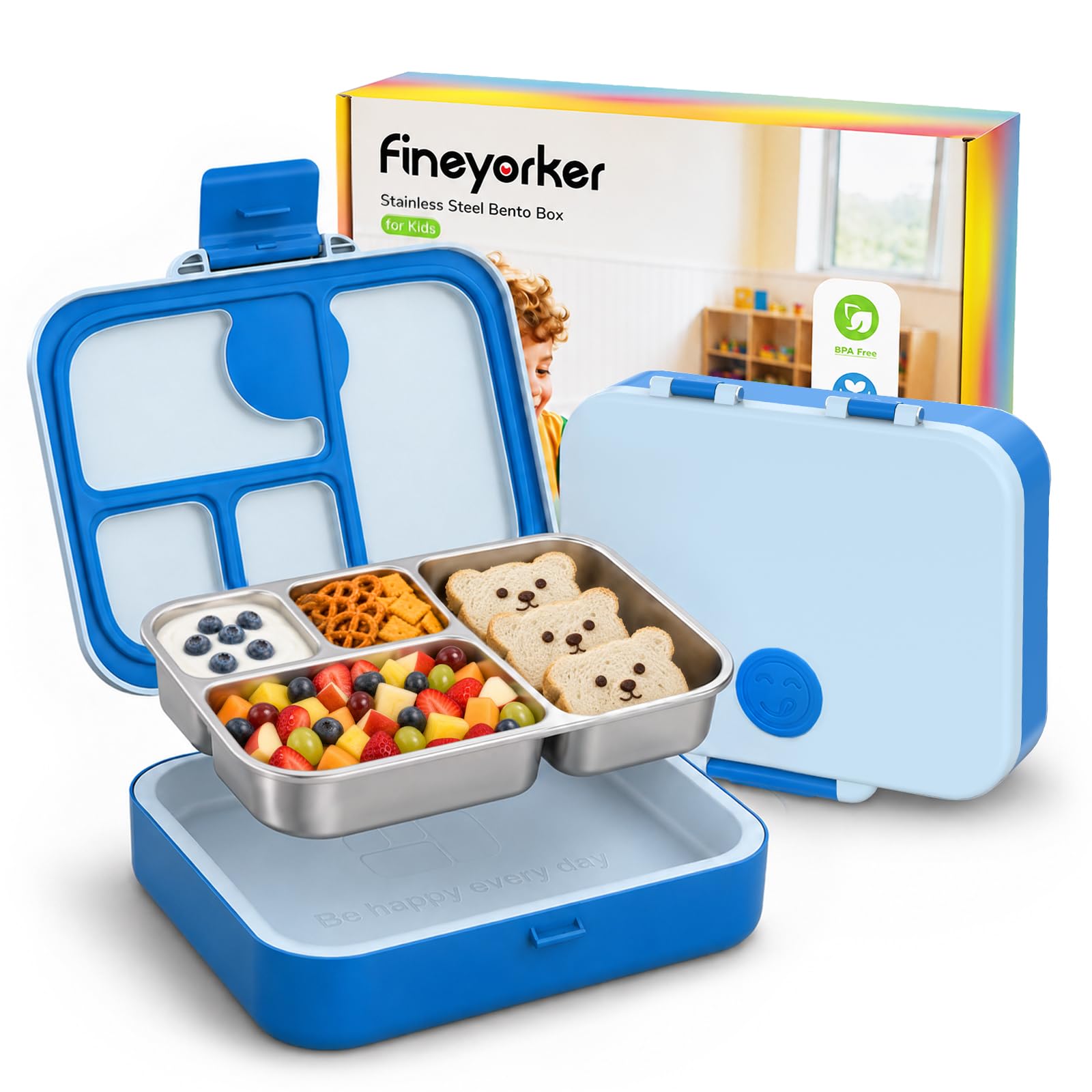 Kids Stainless Steel Bento Lunch Box, 4 Compartments | Leak-Resistant 4 Cups Lunch Container for Ages 4+ with Easy-Open Latch, Removable Seal & Meal Feedback Icon