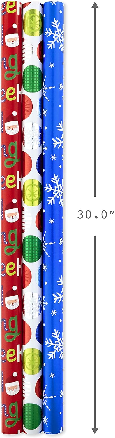 Hallmark Christmas Wrapping Paper Bundle with Cut Lines on Reverse, Holiday Fun, Holographic (Pack of 3, 80 sq. ft. ttl) (5JXW1033)