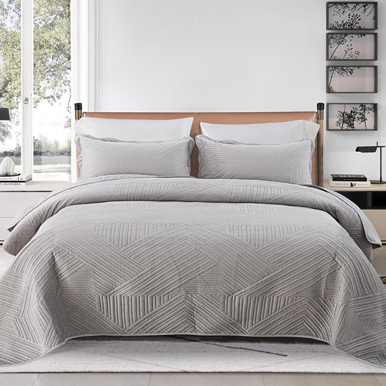 Colcha Cama, Suaves y Ligeras, Modernas - Terciopelo de Leche Extrasuave, Cubrecama Moderno y Elegante Tejido Fino, Cubre Cama Multiusos, para Todas Las Estaciones,Light Gray,220 * 240cm