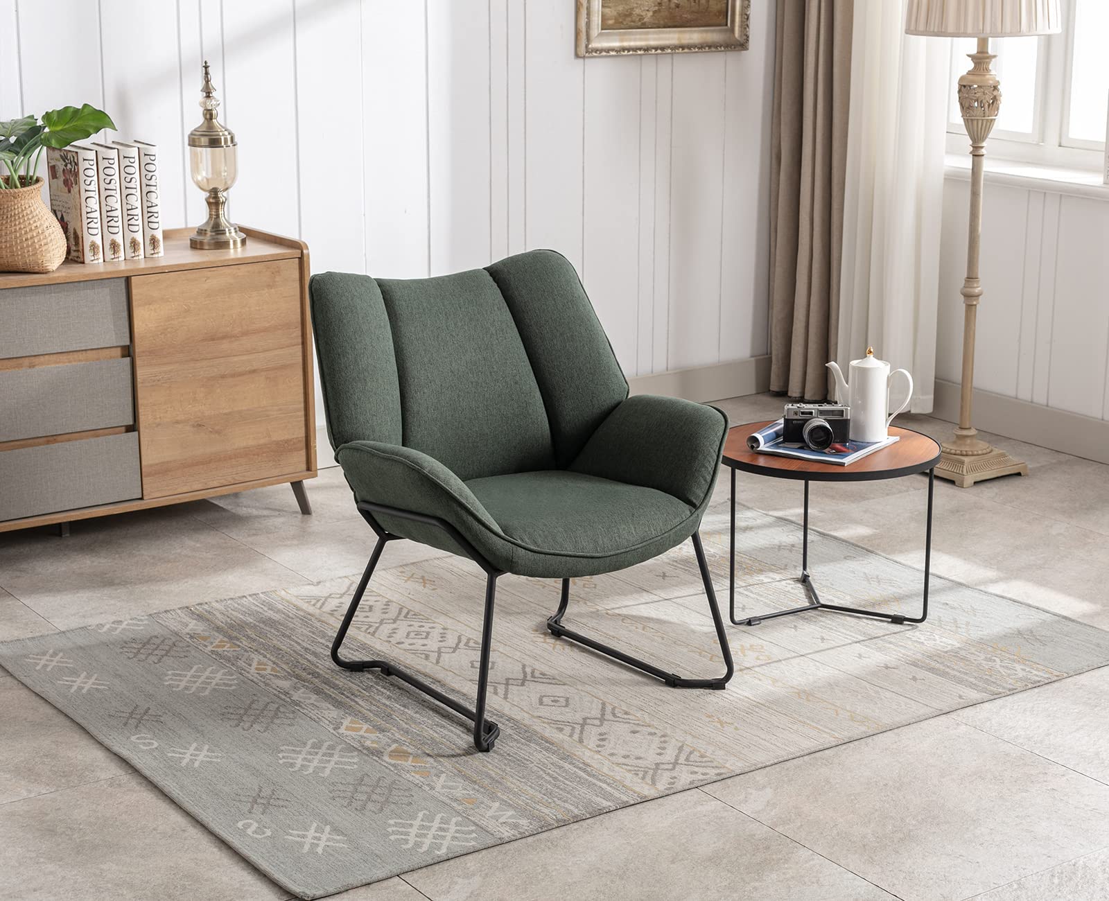 Wahson Poltrona Imbottita con Gambe in Metallo Sedia da Salotto Moderno con Braccioli Poltroncina in Tessuto di Lino per Camera da Letto/Soggiorno,Verde