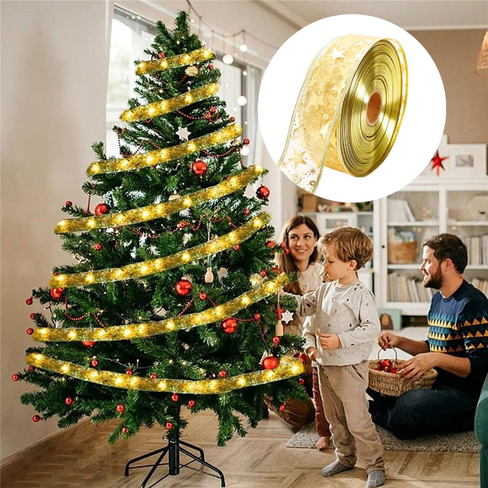 50 Yards Organzaband mit Draht Weihnachtsband 6.3CM Gold Schleifenband Geschenkband mit Sternen Musiknoten Organza Drahtband Glitzerband Weihnachtsbaum Dekoband für Party Hochzeit Kränze DIY