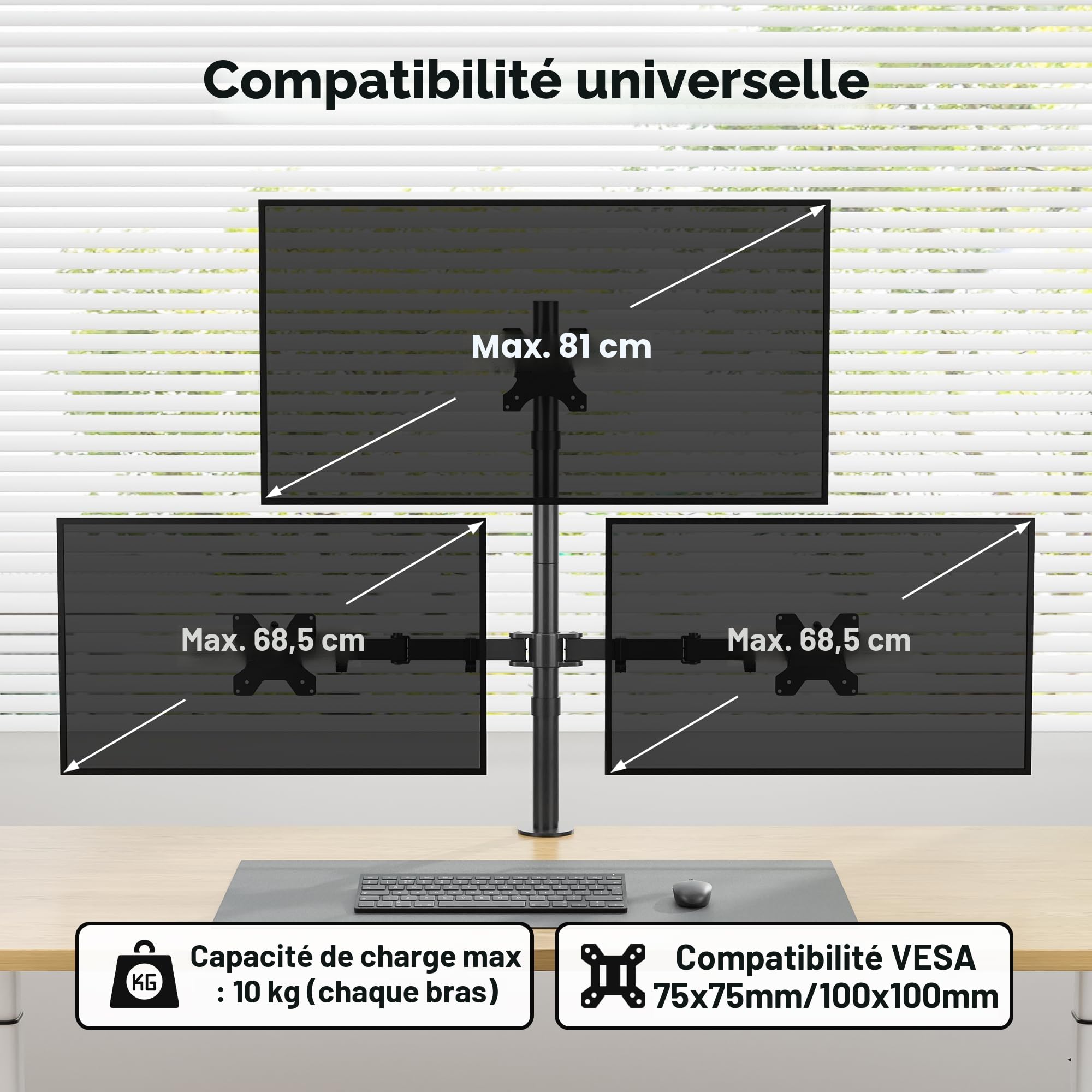 BONTEC Support Écran PC Triple 32 Pouces 27 Pouces Bras Réglable 10kg