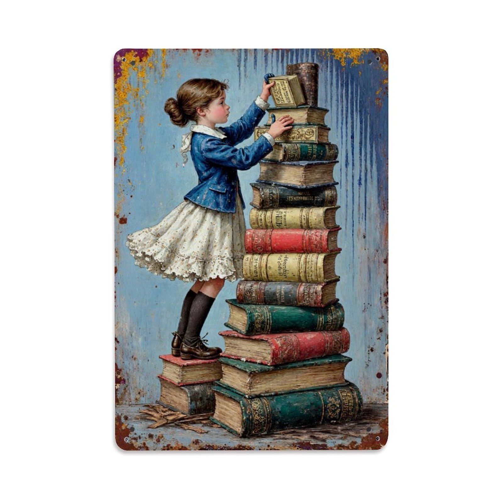 Vintage Books Girl Reading Stack Vintage Tin Sign Retro Metal Wall Decor Metal Poster, Home Bar Garage Farmhouse Cafe Wall Art Decoration 8x12Inches
