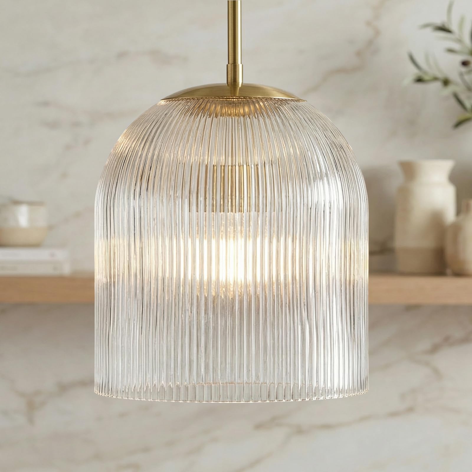 Ribbed Glass Pendant Light Fixture 10 Inch- Clear Vintage Industrial Shade, Adjustable Canopy for Sloped Ceilings, Kitchen Island Lighting, Dining Room & Home Decor Hanging (10" Dia x 10" H)