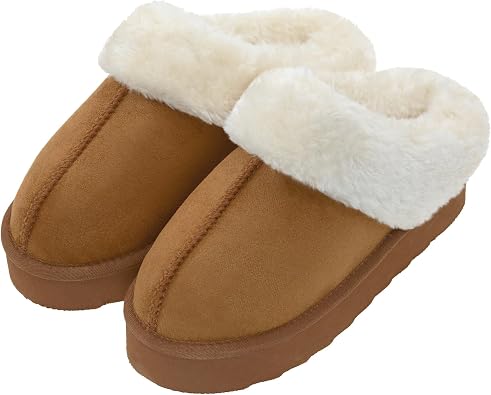 Womens Plush Platform Slippers Warm Fuzzy Winter Slippers Indoor/Outdoor Cozy House Shoes with Non-Slip Rubber Sole