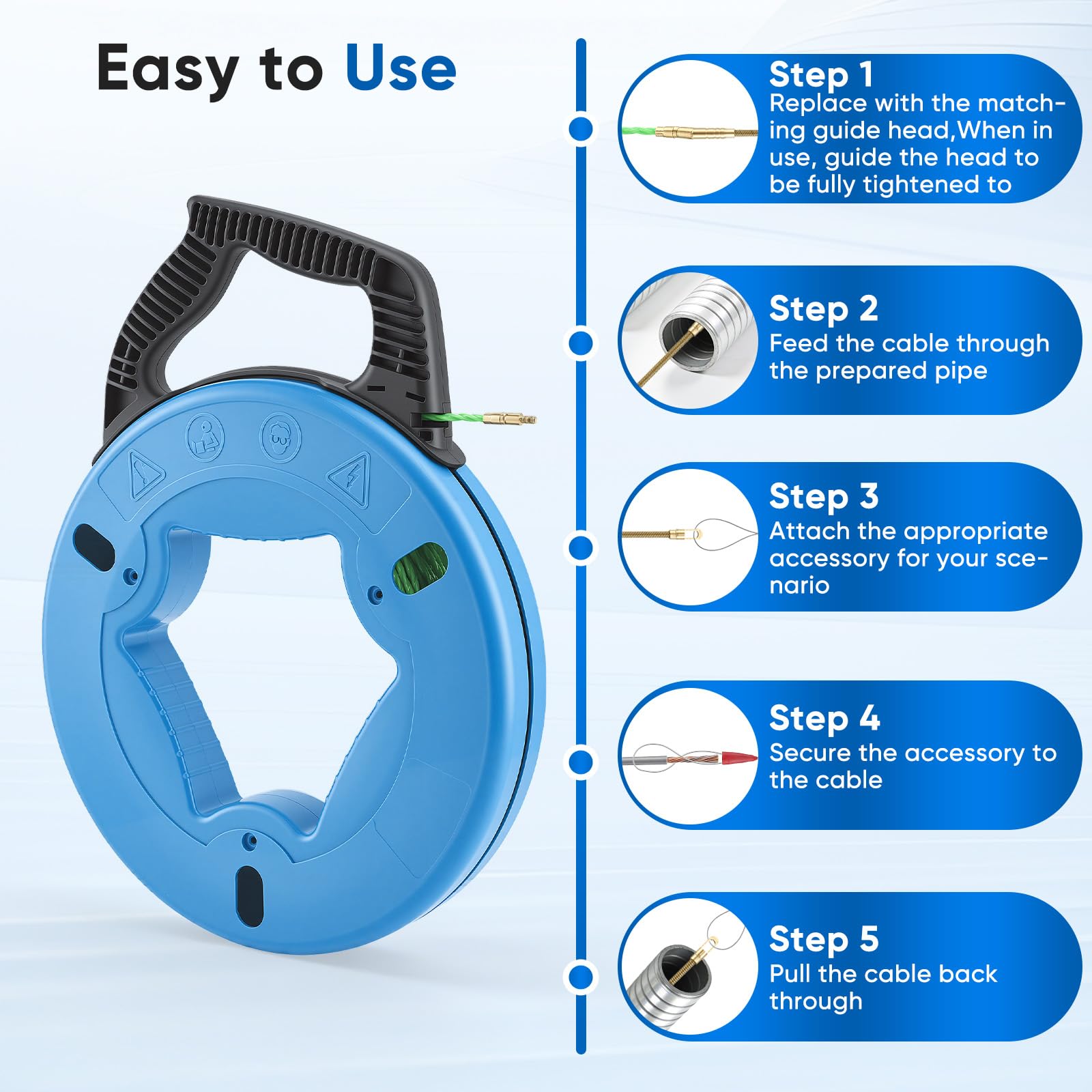 Aiguille Electricien 30m 4.5 mm, 360° Aide à la Rétraction Manuelle pour Chantier, Tire Fil en Acier Electrique Tire Câbles Atelier & Jardin - Système Antidérapant Léger