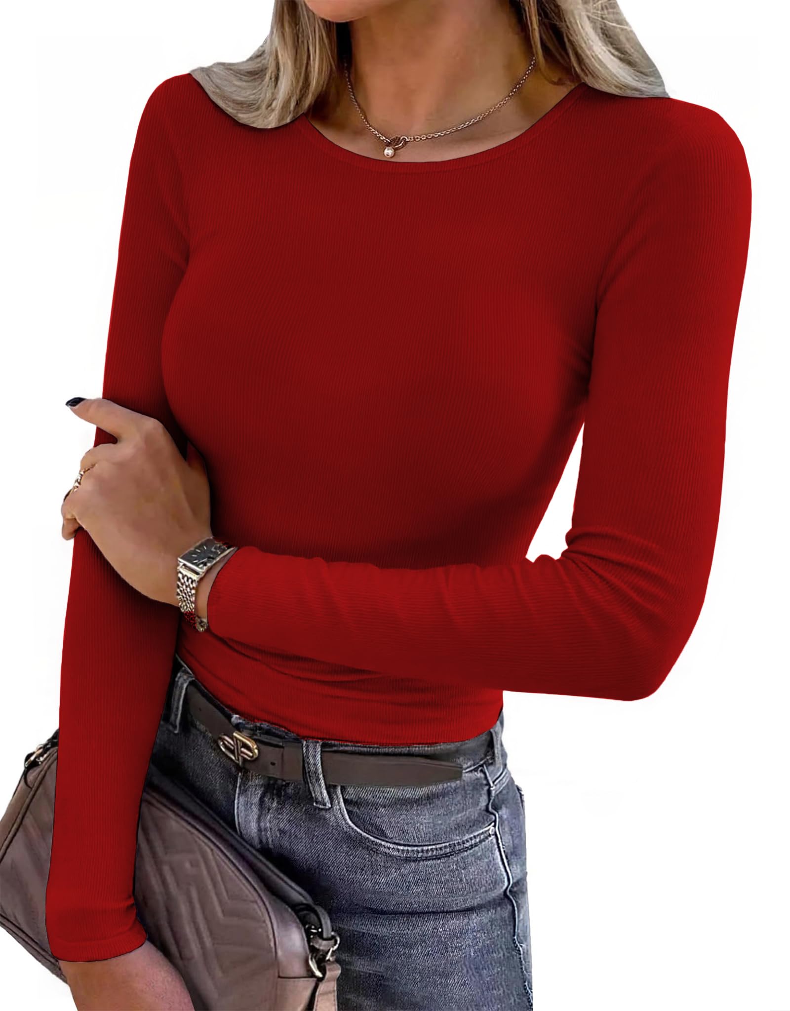 Aottori Damen Langarmshirt Rundhals Stretch Oberteile Gerippt Slim Fit Pullover Dünn Elegant Tee Shirts Langarm Casual Basic Tops Einfarbig