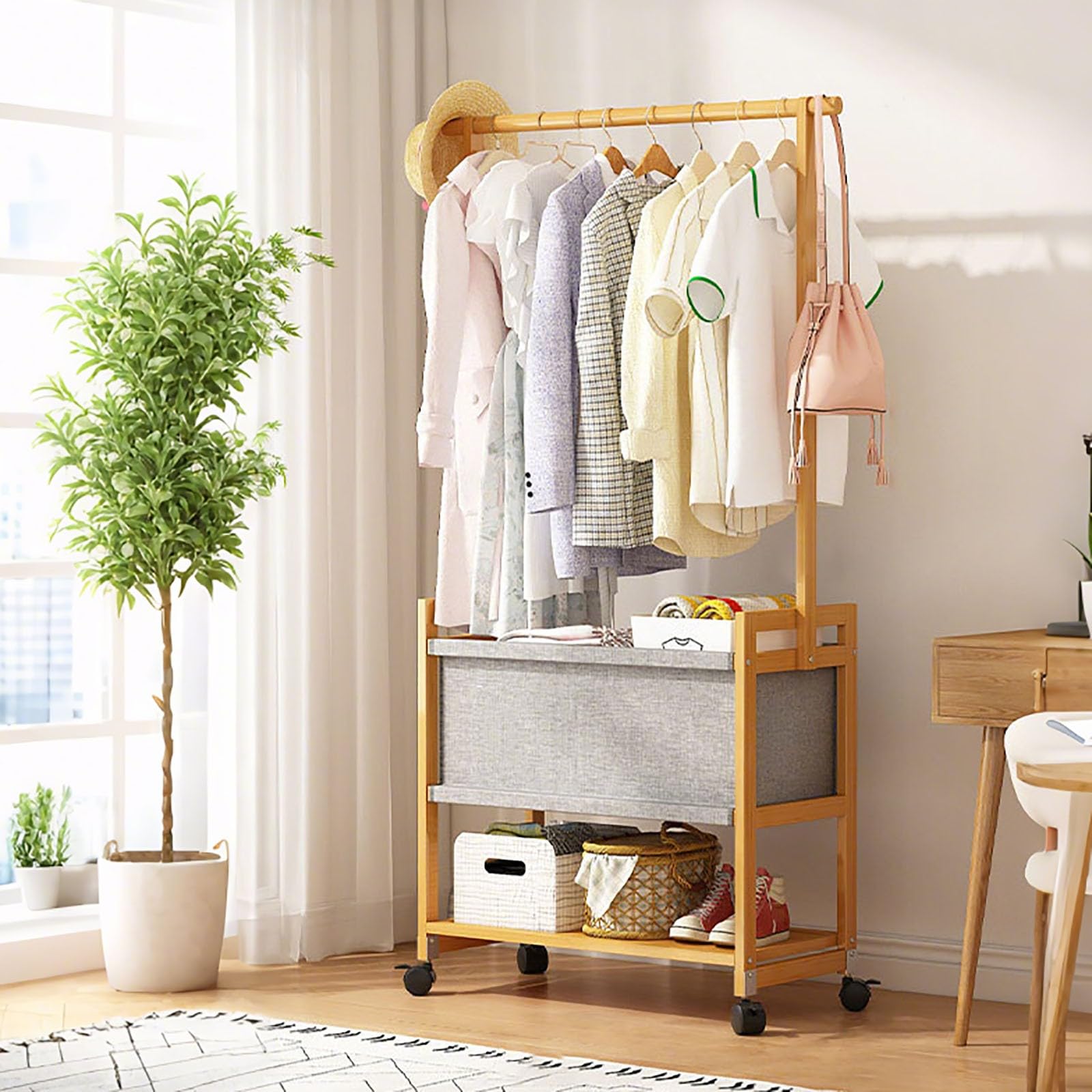 Tringle à vêtements debout verrouillable en bois avec bac de rangement