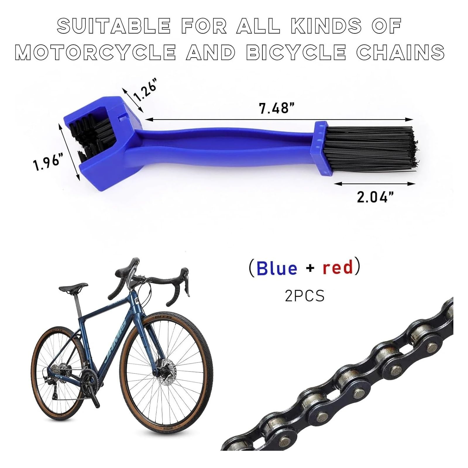 1-3 szt. przenośna szczotka do czyszczenia łańcucha rowerowego, 3-stronne narzędzie do czyszczenia łańcucha MTB szosowego (2 szt., czerwona)