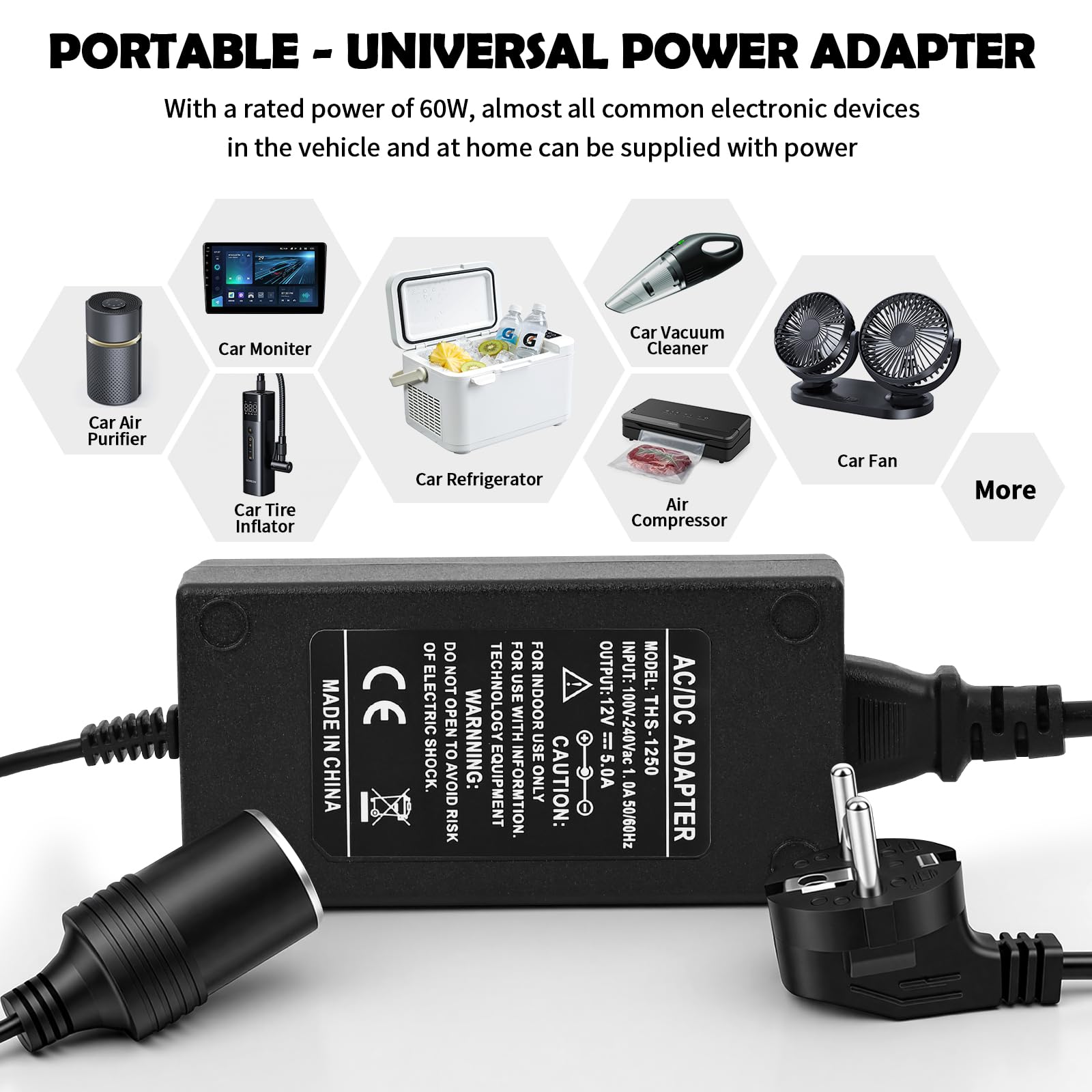 Adaptador Mechero Coche a Enchufe, 5A/60W Transformador 12V a 220, Convertidor 12V 220V, con Encendidor de Cigarrillo de Coche, para Nevera de Coche, Inflador de Neumáticos, Aspiradora de Coch