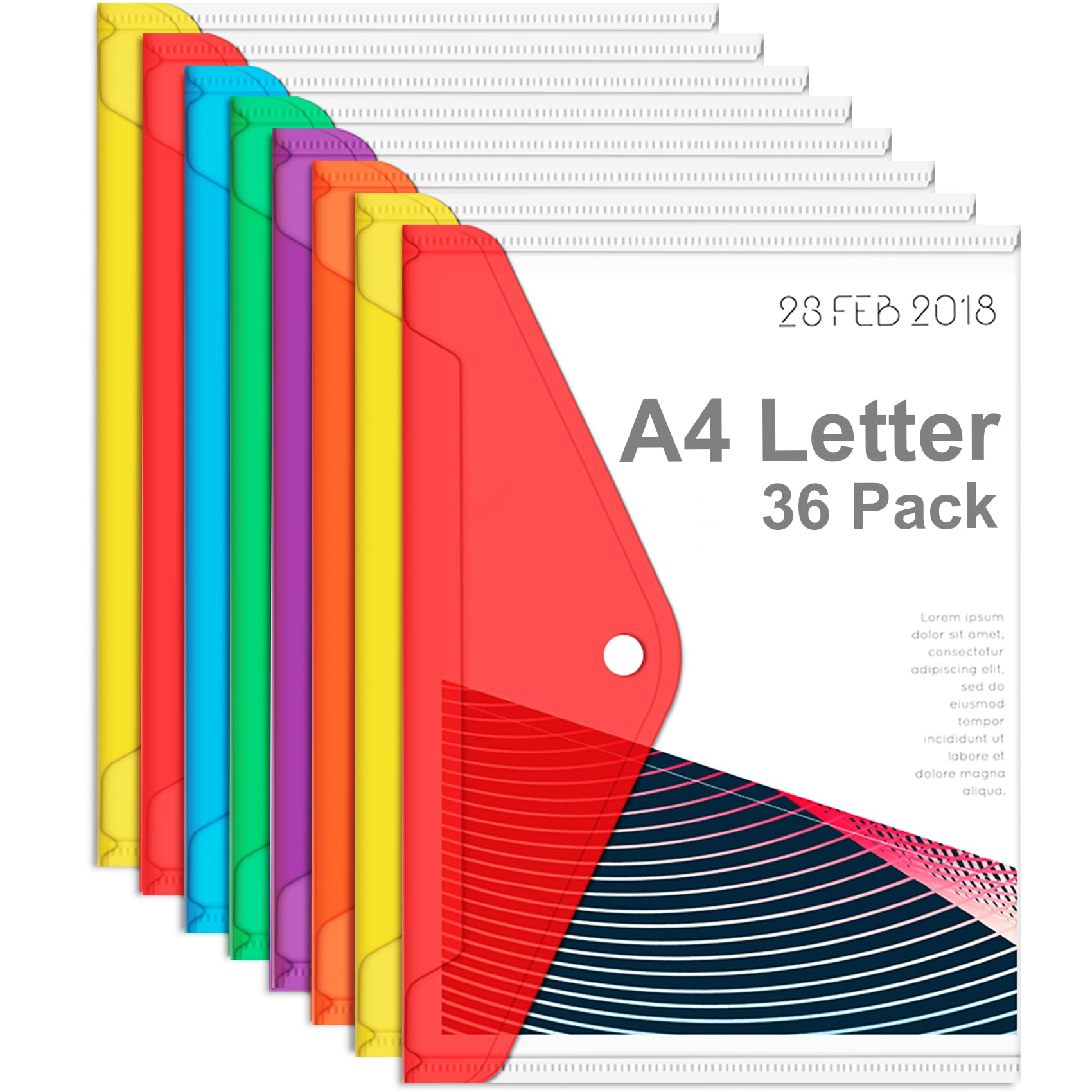 36pcs Plastic Envelopes with Snap Closure,A4,Letter Size Clear Plastic Envelopes for Documents,Waterproof File Envelopes,Colorful Flaps Poly Document,Plastic File Folders for Office,School,Home