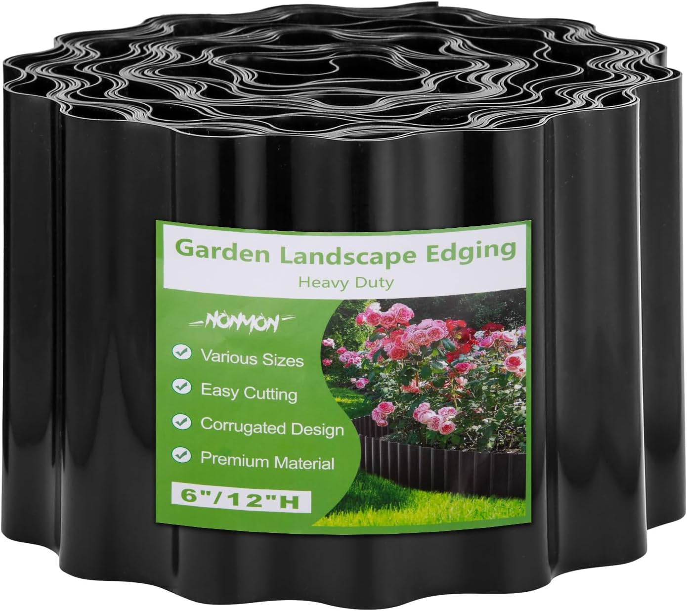 NONMON Corrugated Garden Edging Border 6"×50Ft Landscape Edging Border Sturdy Lawn Edging Border for Lawn, Flower Bed, Garden Fence, Paver Edging, Black
