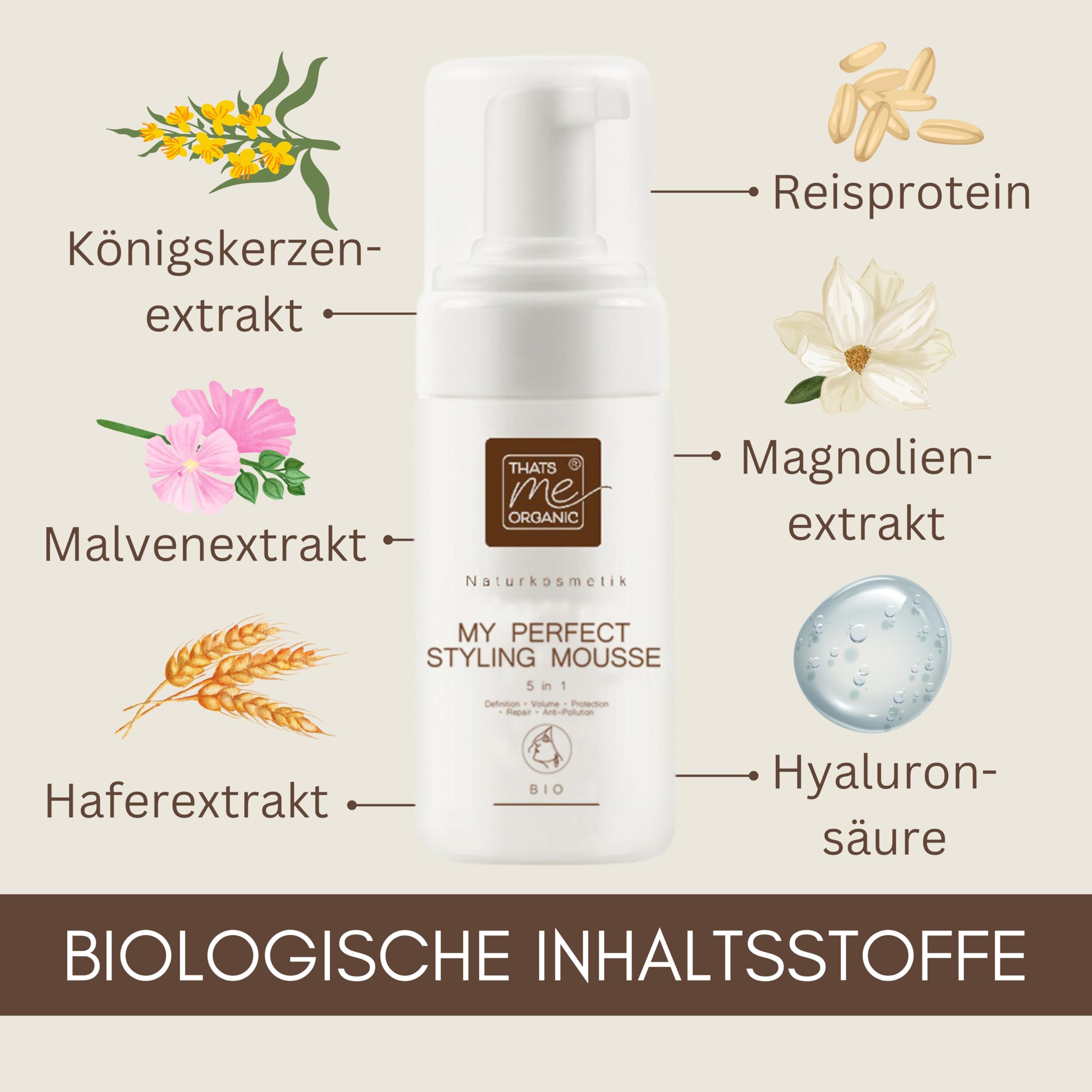 Thats me organic My Perfect Styling Mousse 5-in-1 – Haarschaum ohne Alkohol – Für Definition, Volumen & Schutz – Schaumfestiger Locken & feines Haar – Mit Hyaluronsäure & Naturextrakten
