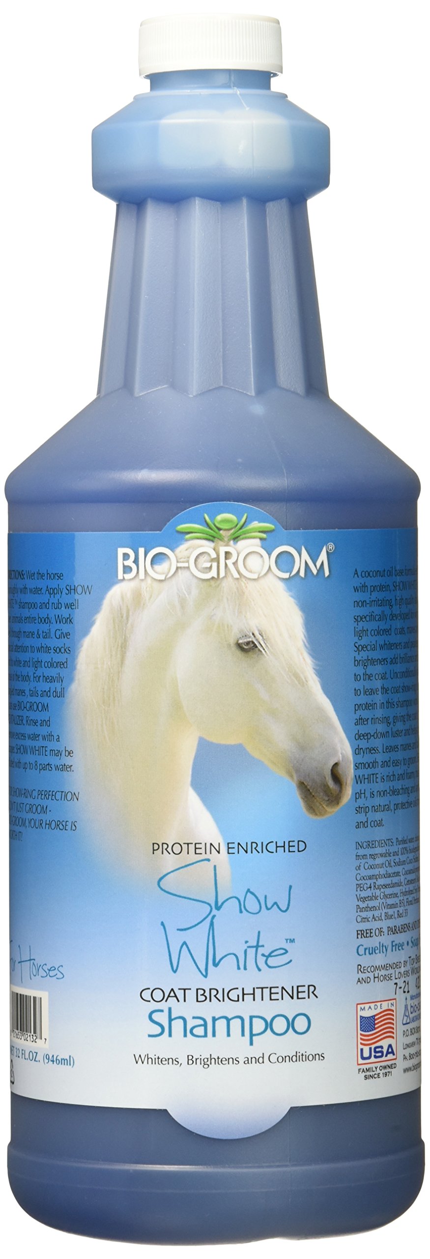 Bio-Groom - Show White Coat Brightener - Champú para caballos - Para aclarar pieles claras - Contra la sequedad - Libre de parabenos y espesantes artificiales - 946 ml