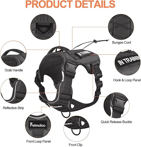 Miniatura 3 de Petmolico Arnés táctico para perro con correa, arnés sin tirones para perro con paneles de gancho y bucle, para senderismo, entrenamiento militar,