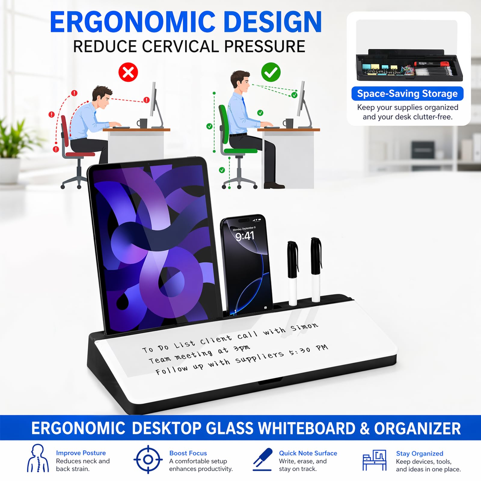 Schreibtisch Whiteboard aus Glas mit Stauraum, Trockenwisch Memoboard, Organizer ersetzt Haftnotizen für Büro & Homeoffice (Schwarz)
