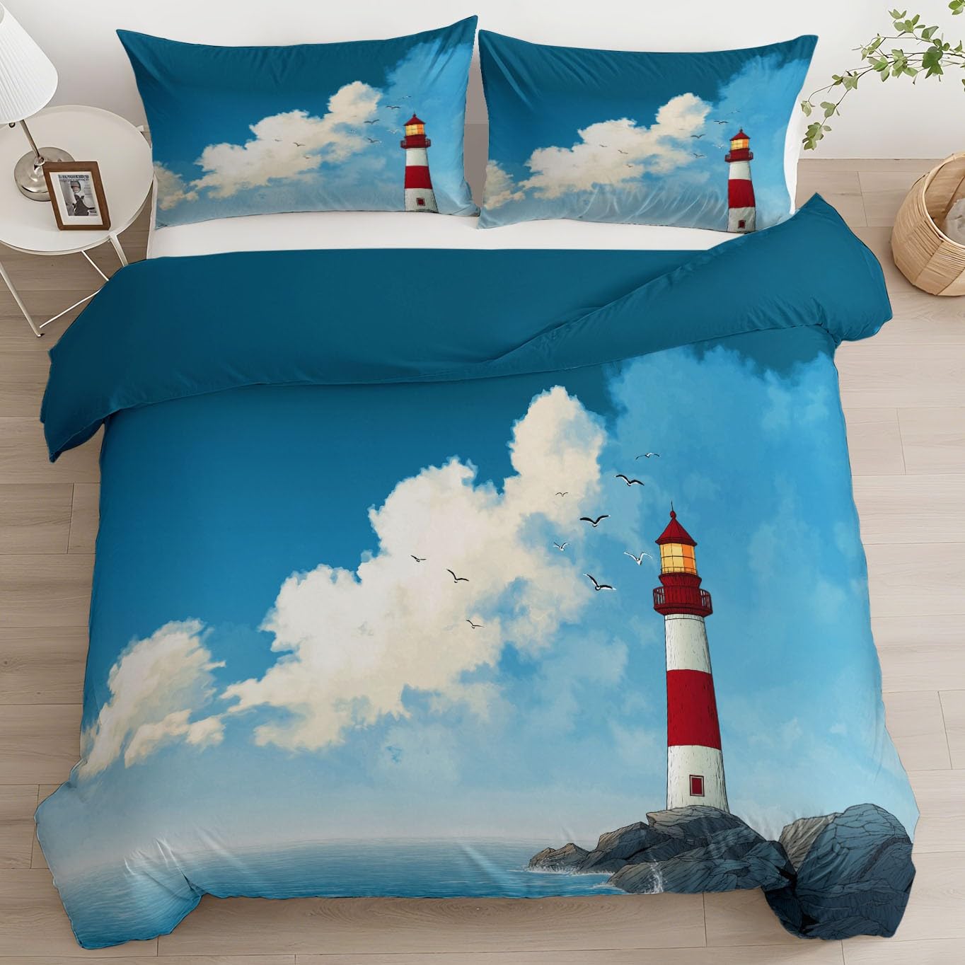 Azul Funda Nordica 240x260 cm Dibujos Animados Faro Mar Microfibra Cepillada con 2 Fundas de Almohada de 50x75 cm, Transpirable Suave Antialérgica Juego de Funda Edredón para Cama Doble