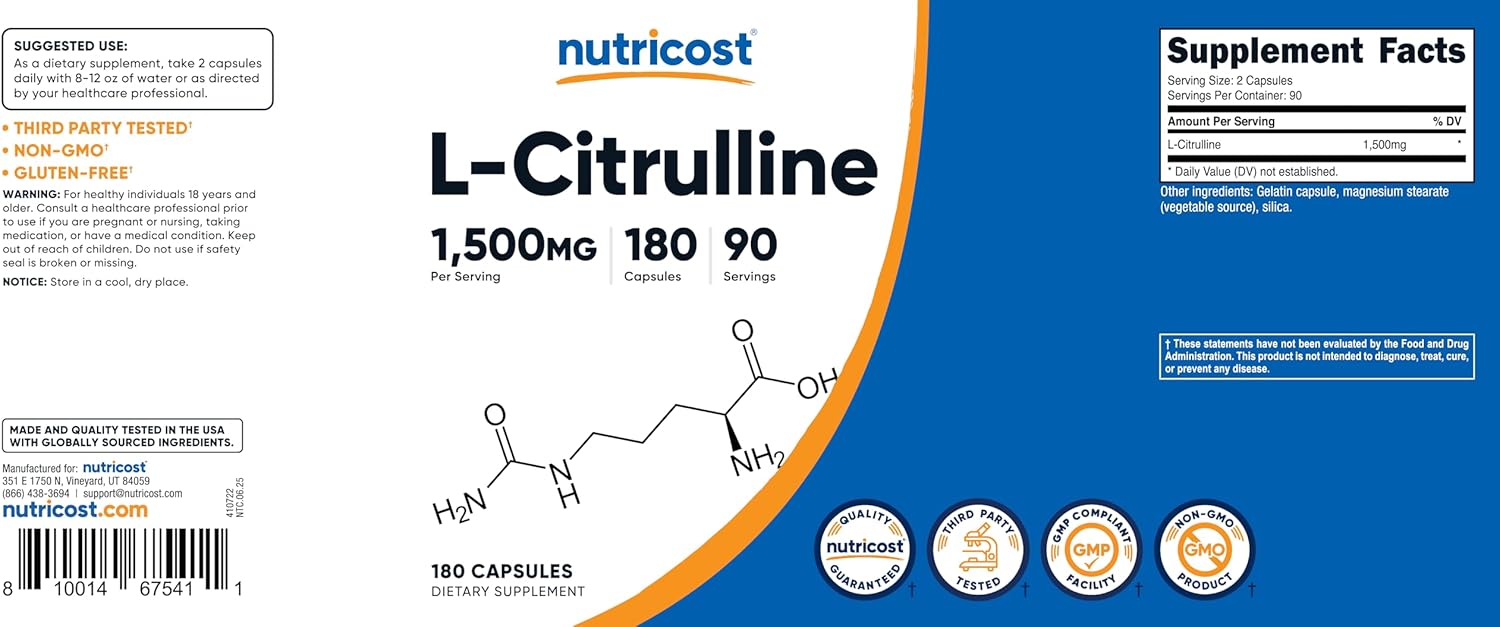Nutricost L-Citrulline 1500mg, 180 Capsules - 750mg Per Capsule, Gluten Free, Non-GMO, Packaging May Vary - Image 6