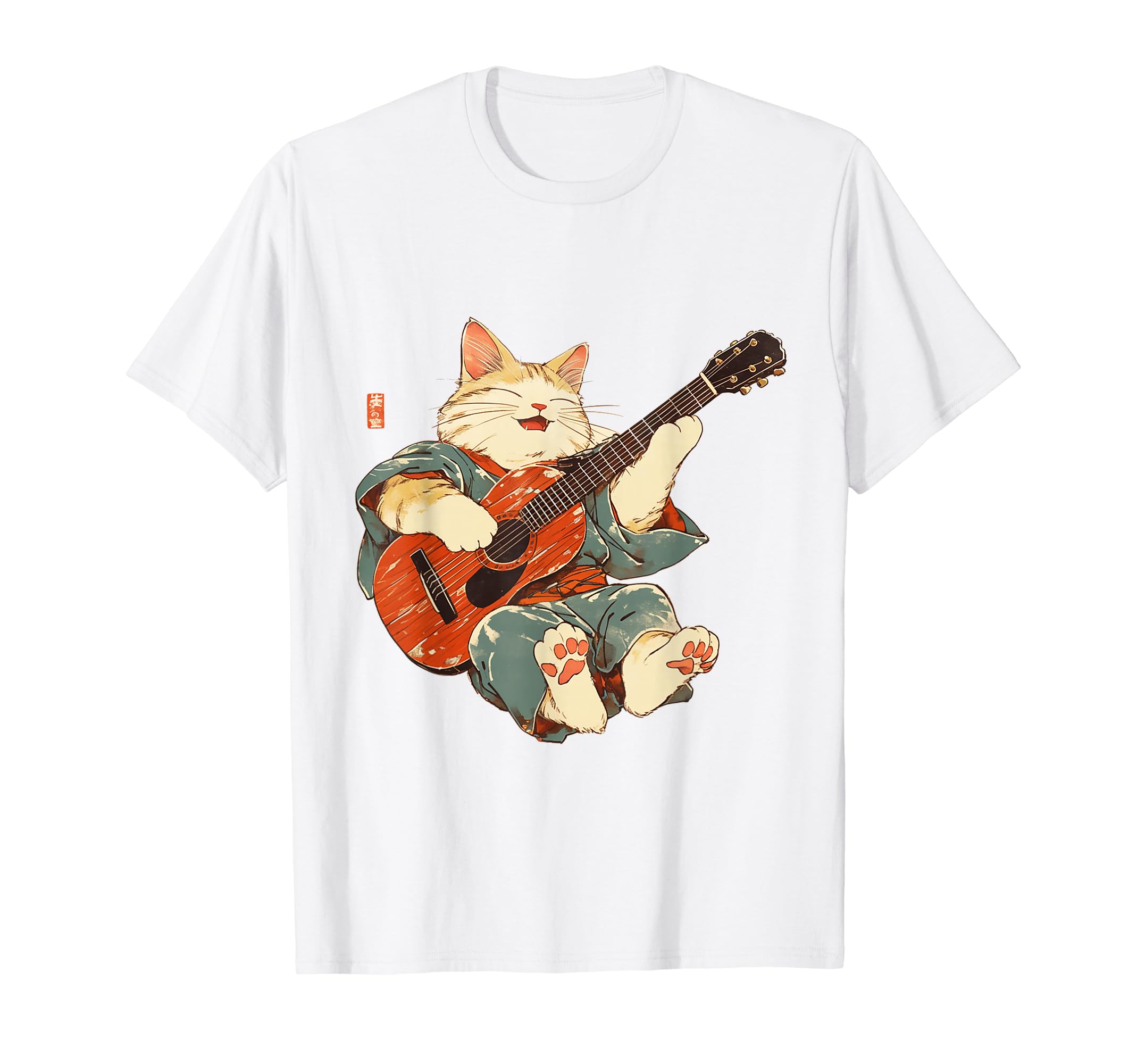Amazon | ギターを弾く日本の侍猫 忍者 浮世絵 アニメ Tシャツ | T