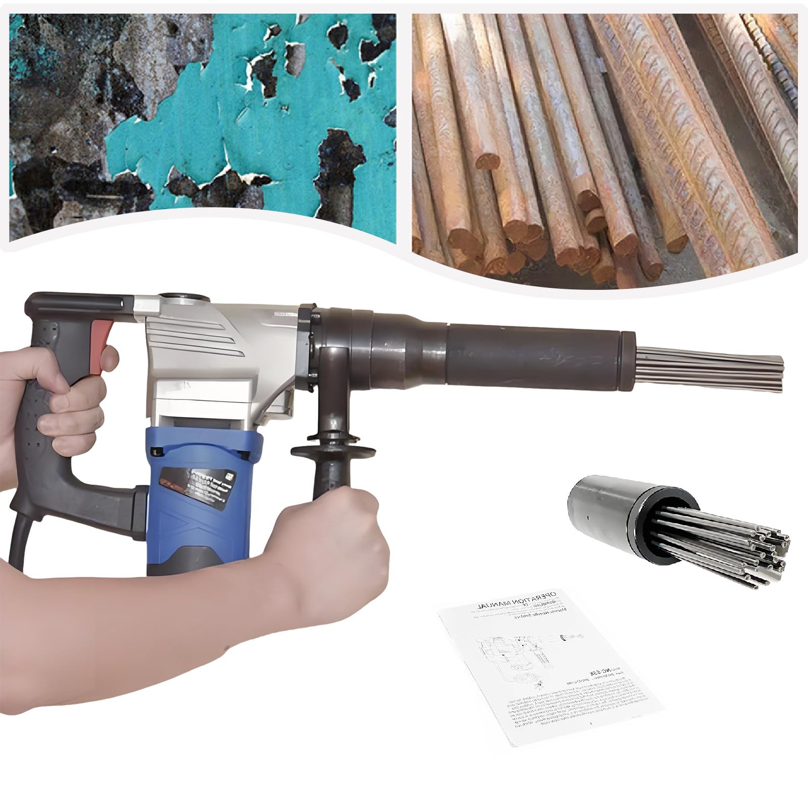 SENJINGHUA 1100W Industrial Grade Handheld Derusting Tool, Marine Needle Machine with Needle Φ3mm180mm23pc, for Removal of Rust, Weld Slag, and Paint,110V