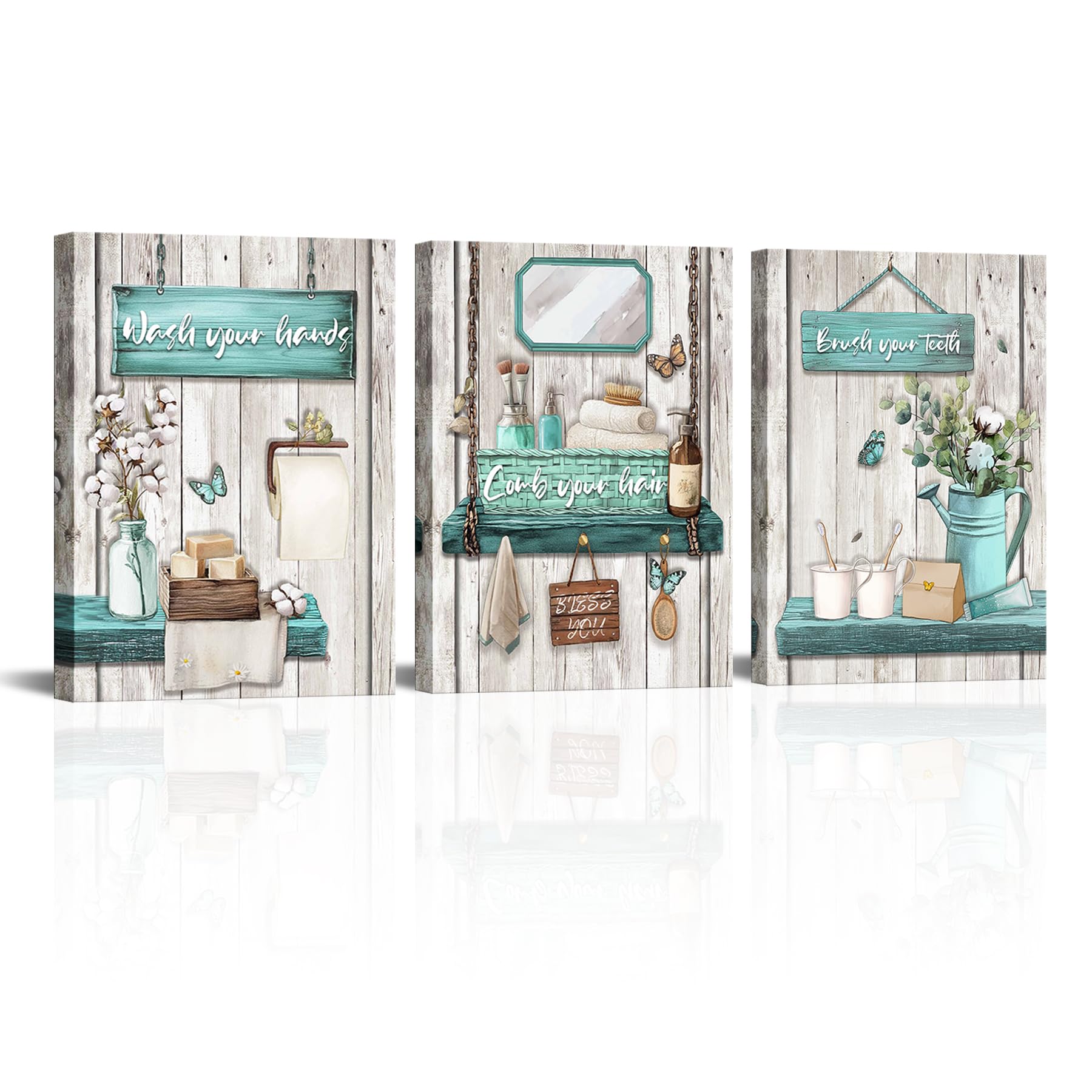 Rustic Bathroom Canvas Wall Art - Wash Hands Brush Teeth Comb Hair Bathroom Sign Framed - 12"X16"X3 Pcs