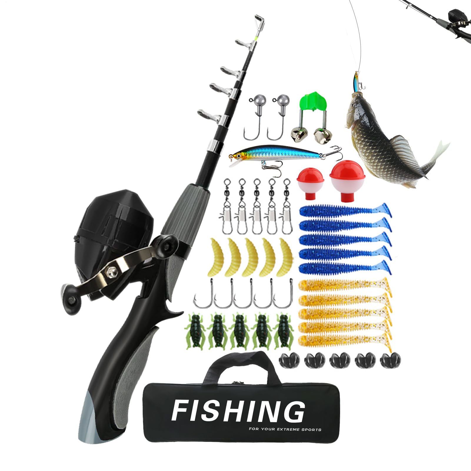 Caña juvenil, juego de caña de pescar para principiantes, equipo de pesca portátil con aparejos de pesca, con bolsa de almacenamiento para cebos, caña telescópica juvenil