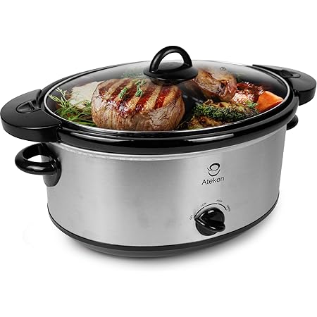 Ateken Slow Cooker 7 Quart Oval Crock Manual with Locking Lid Dishwasher Safe Stainless Steel