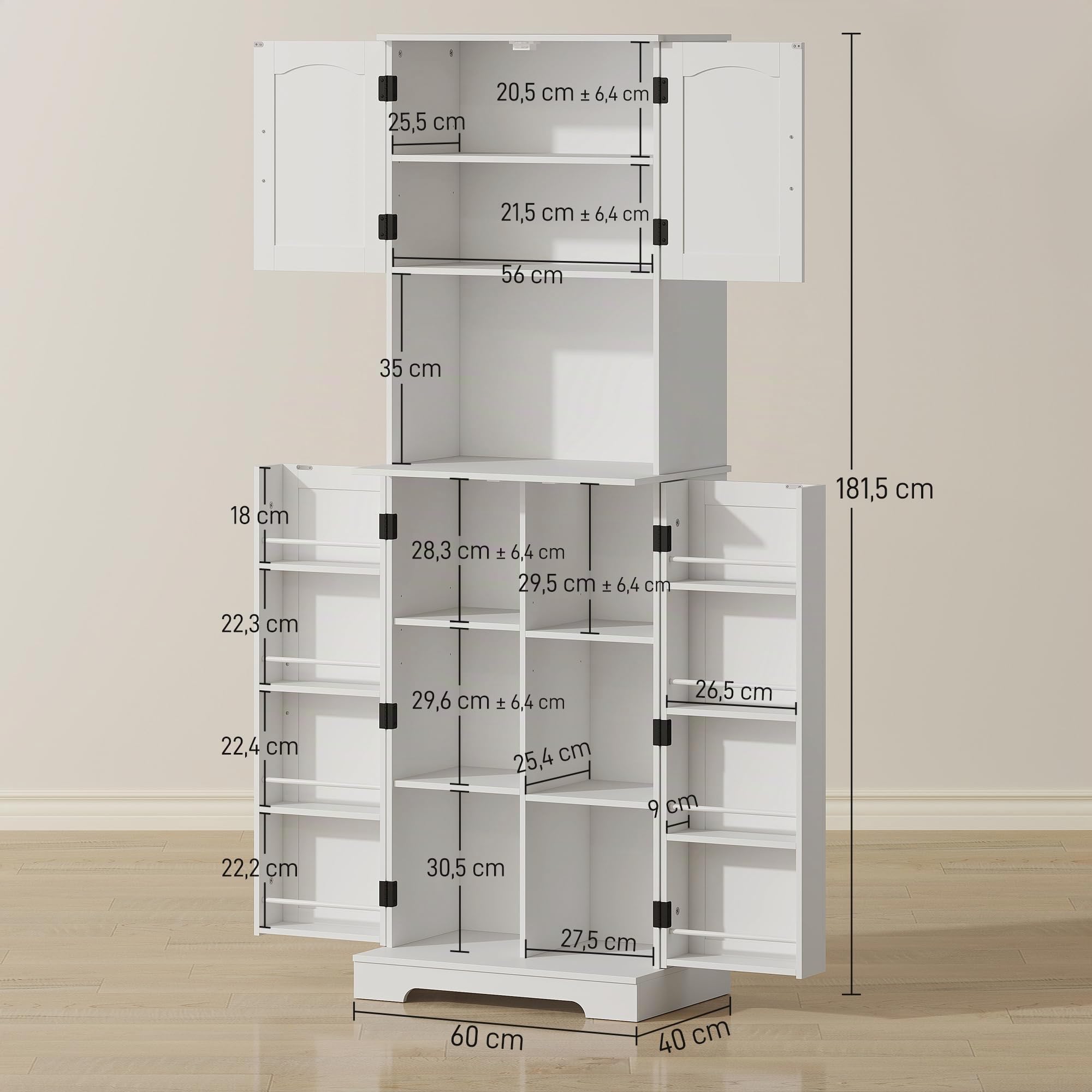 HOMCOM Buffet Haut Cuisine, Armoire de Cuisine, vaisselier, 4 Portes, Plan de Travail, 8 Porte-épices et étagères réglables, Meuble de Rangement pour Salon, Salle à Manger, 60 x 40 x 181,5 cm, Blanc