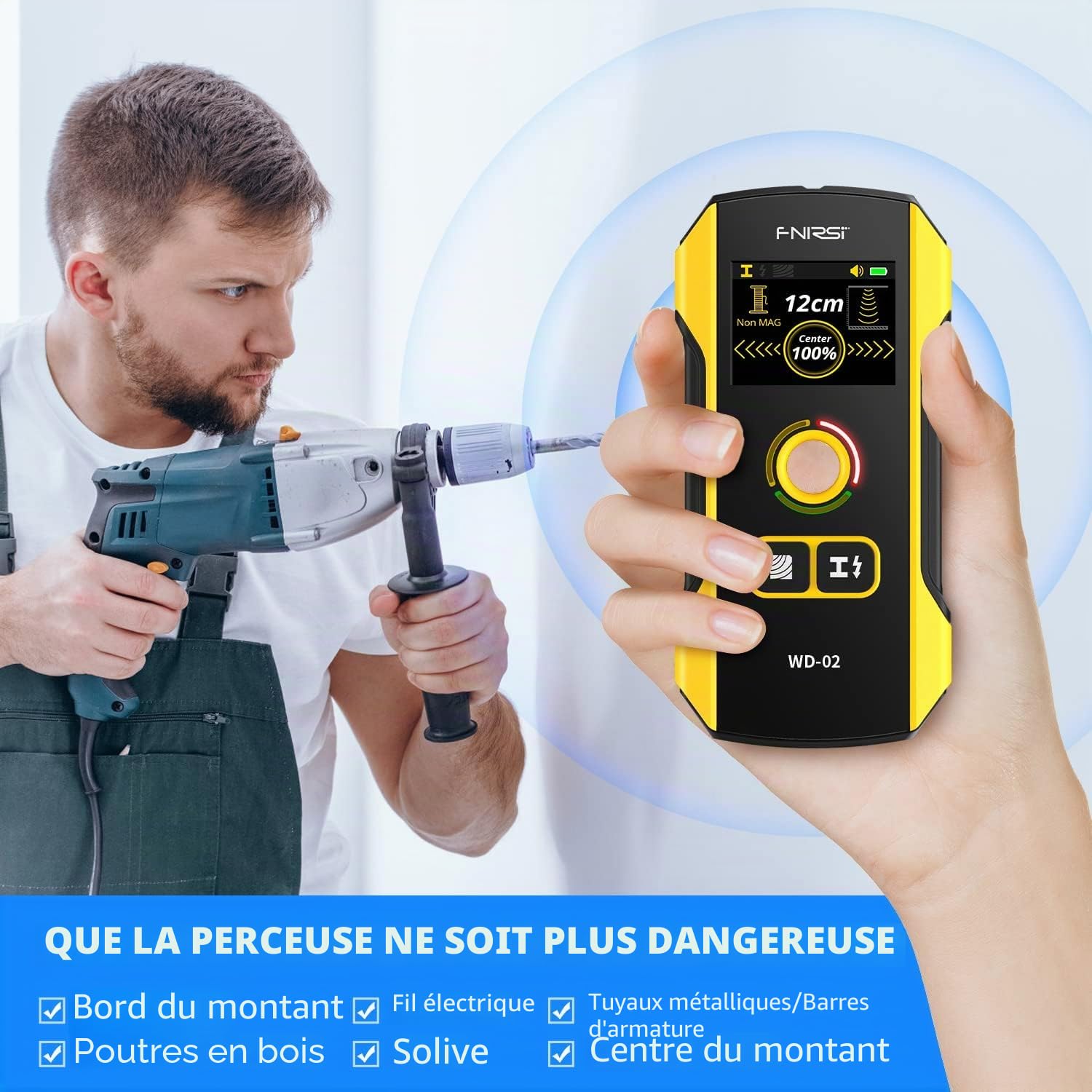 FNIRSI WD-02 Detector de Vigas y Metales con Pantalla TFT, Escáner de Pared para Metales, Cables CA, Madera y Tuberías
