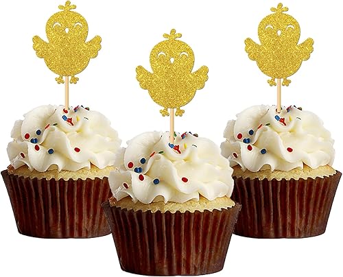 MonMon & Craft 24 adornos para cupcakes de pollitos de animales de granja, baby shower, letrero de cumpleaños para niños, decoración de cupcakes de