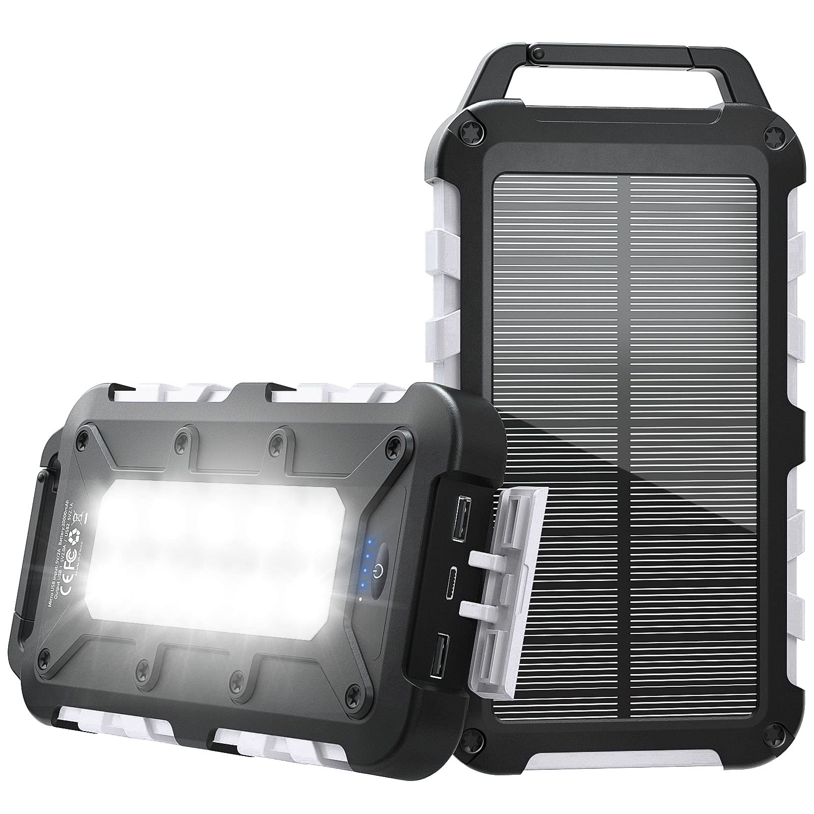 TOENNESEN Cargador Solar 26800 mAh Power Bank Solar, Bateria Externa con Carga Rápida 15 W Impermeable IPX4 2 Puertos USB + Linterna LED Compatible con Smartphones Tablets Camping y Emergencias, Gris